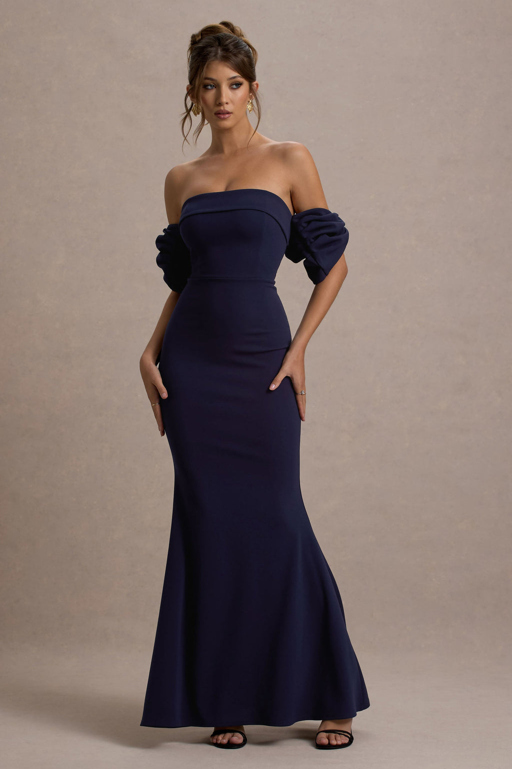 Alaine | Navy Bardot Maxi Dress With Bow Sleeves