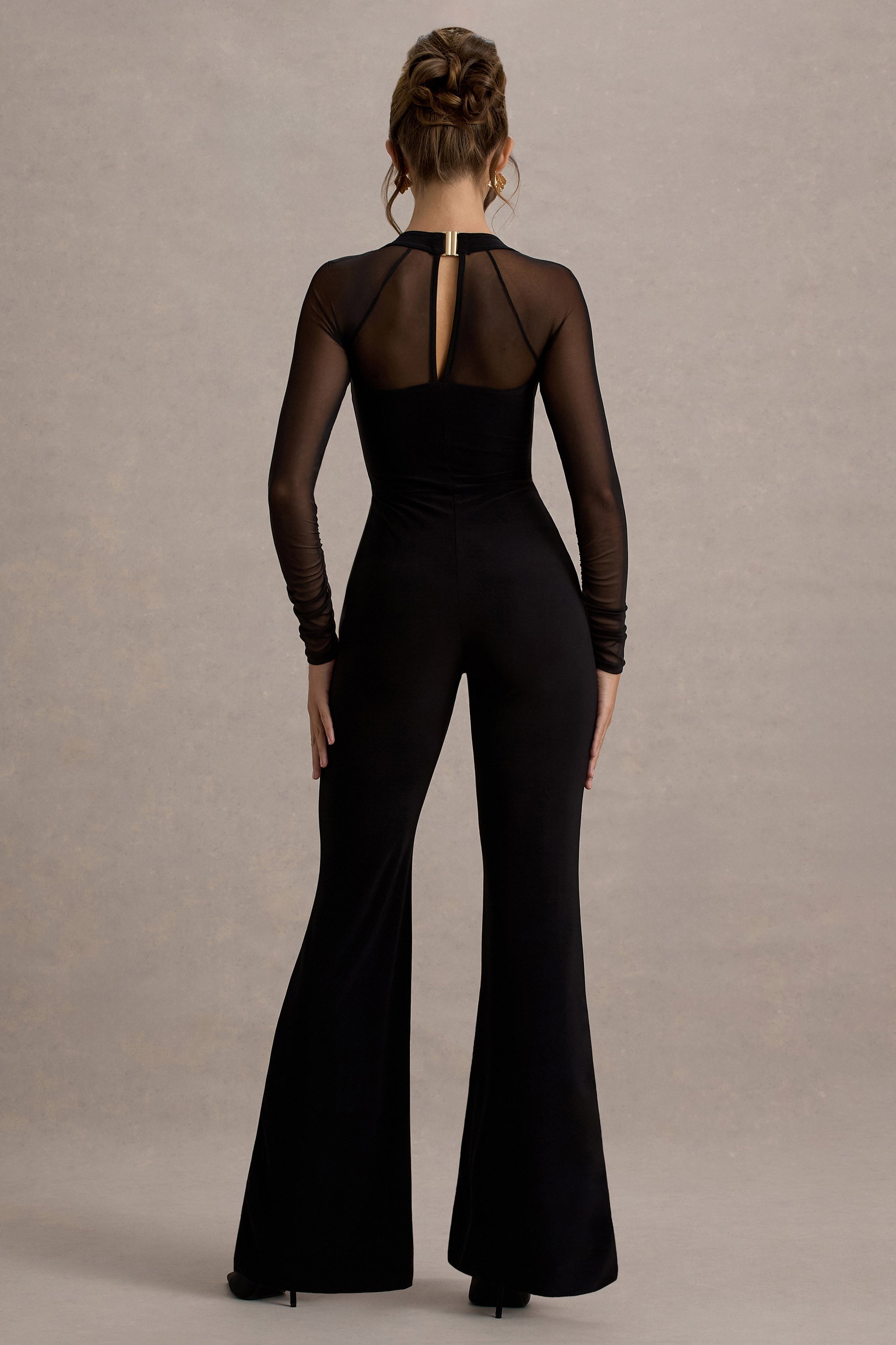 On Track | Black Flared-Leg Jumpsuit With Sheer Sleeves