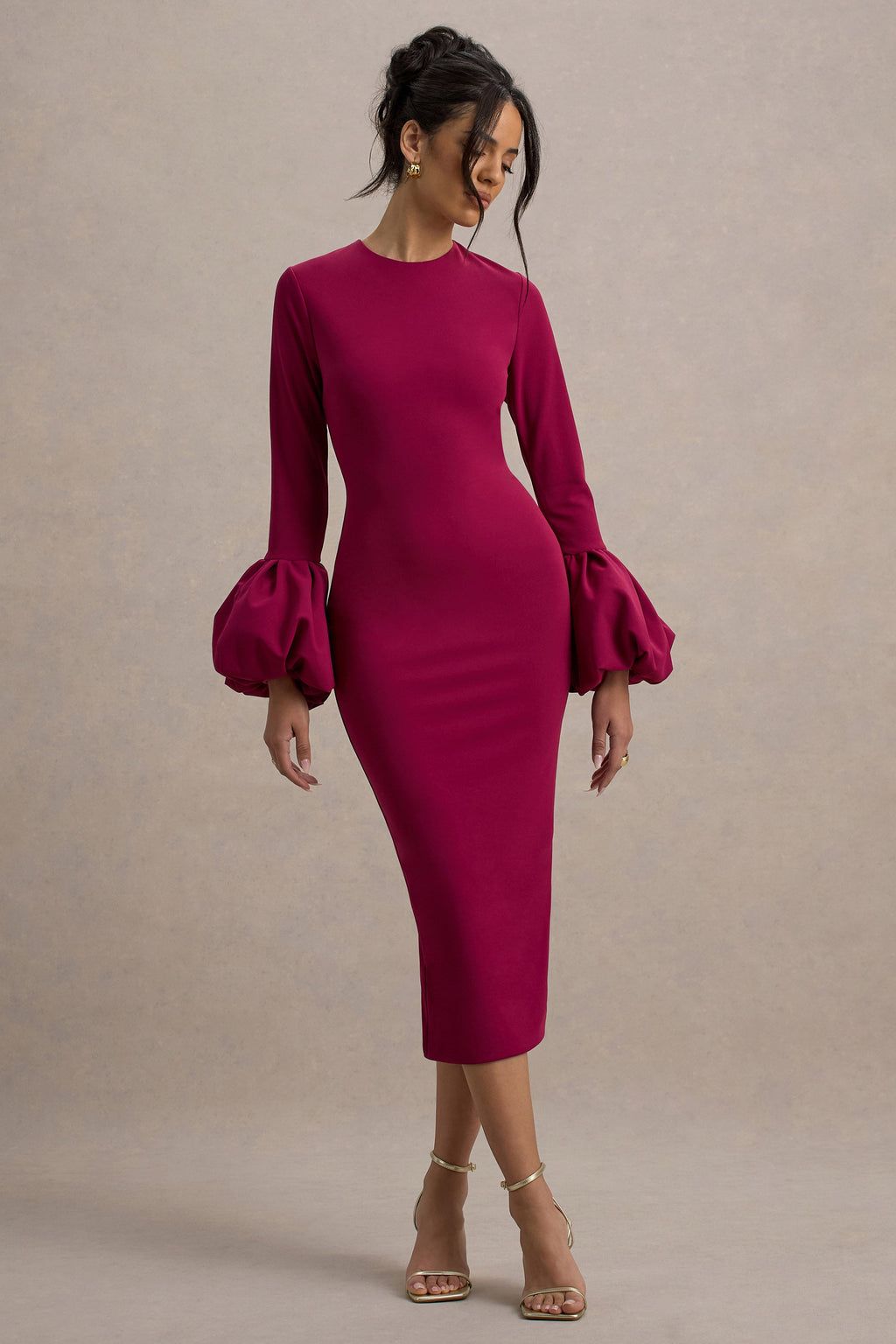 Celie | Mulberry Long-Sleeve Midi Dress With Puff Cuffs