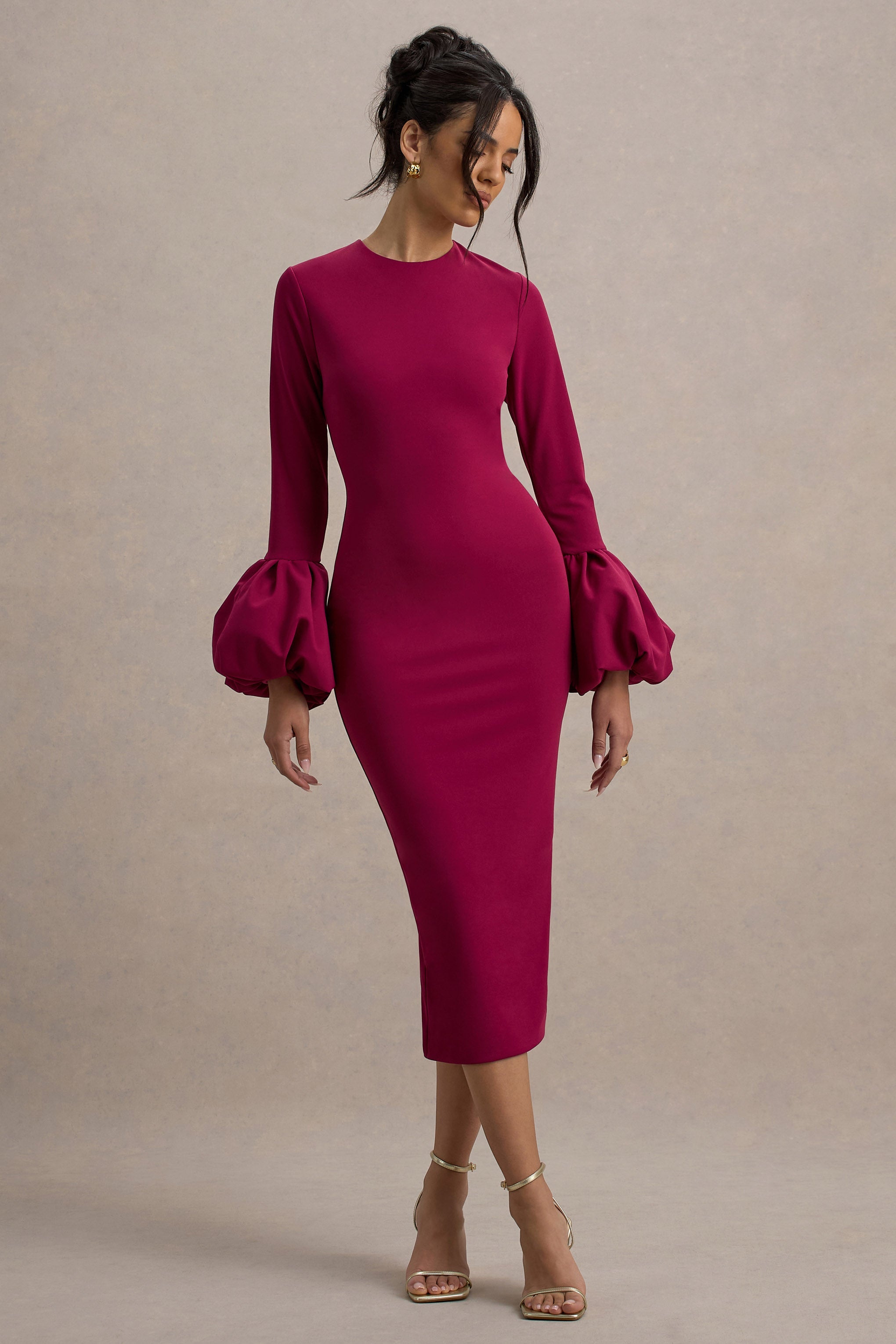 Celie | Mulberry Long-Sleeve Midi Dress With Puff Cuffs