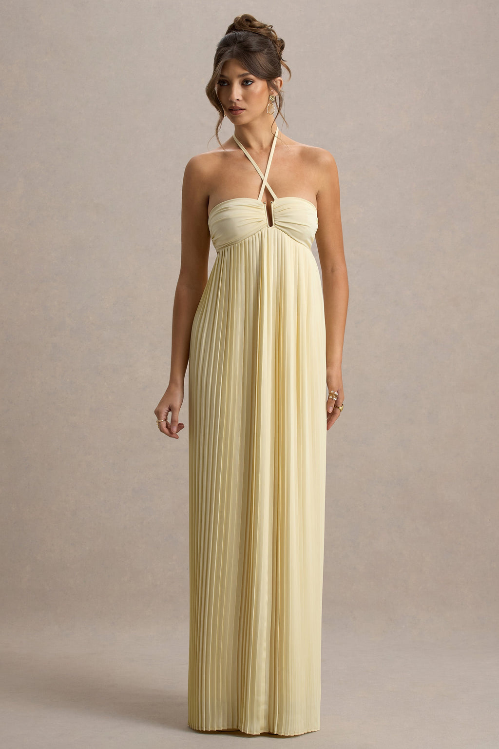 Elayne | Pale Lemon Halter-Neck Maxi Dress With Cut-Out Detail