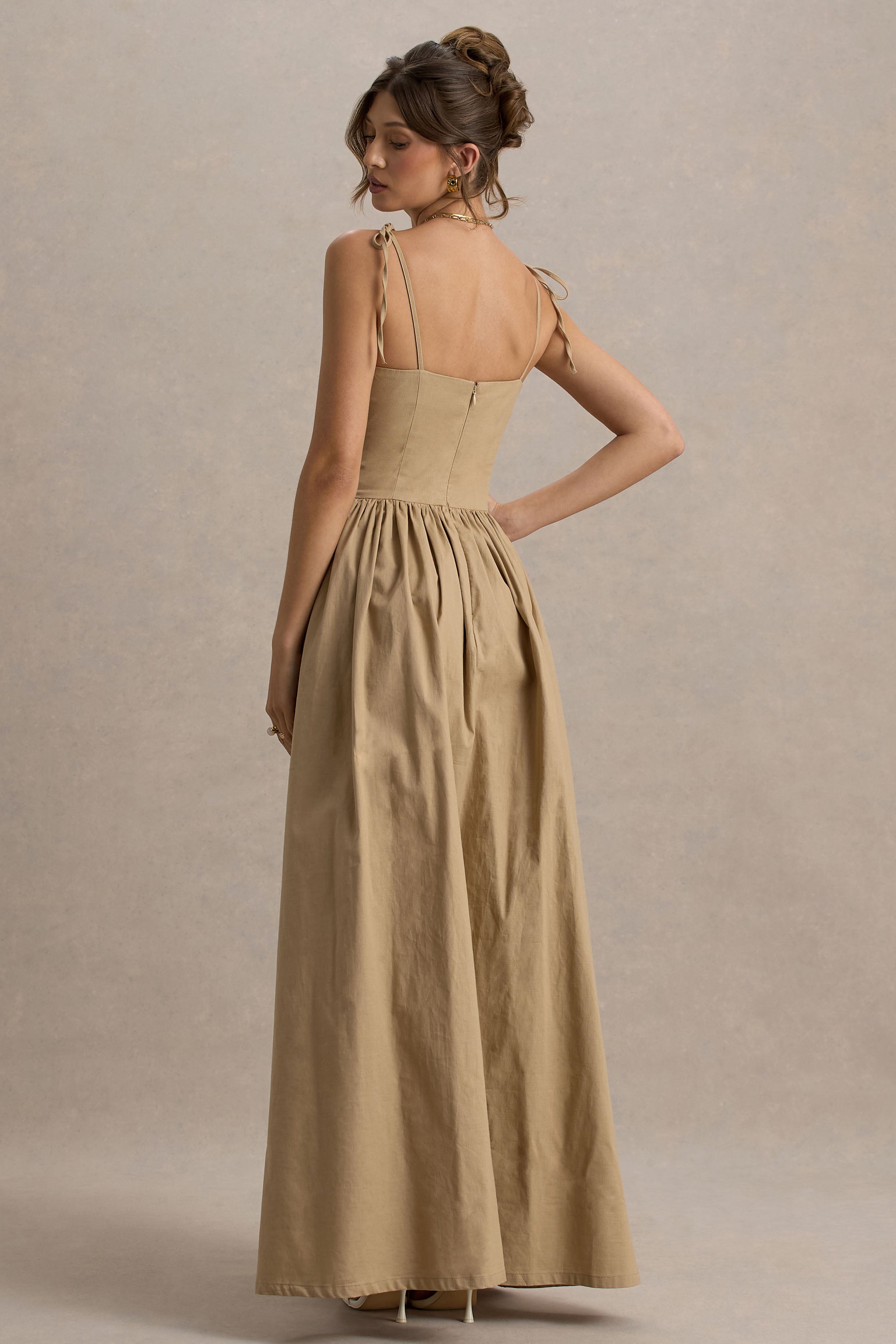 Comet | Tan Linen Maxi Dress with Plunge Neckline and Front High Split