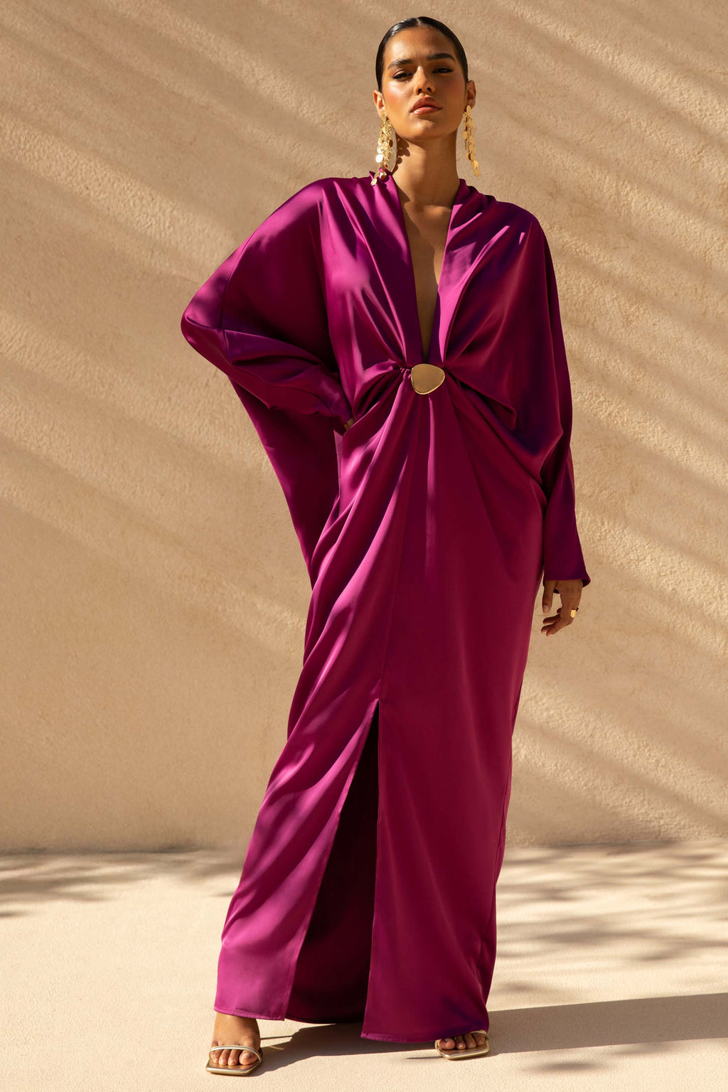 Tina | Pink Satin Plunge-Neck Embellished Maxi Dress