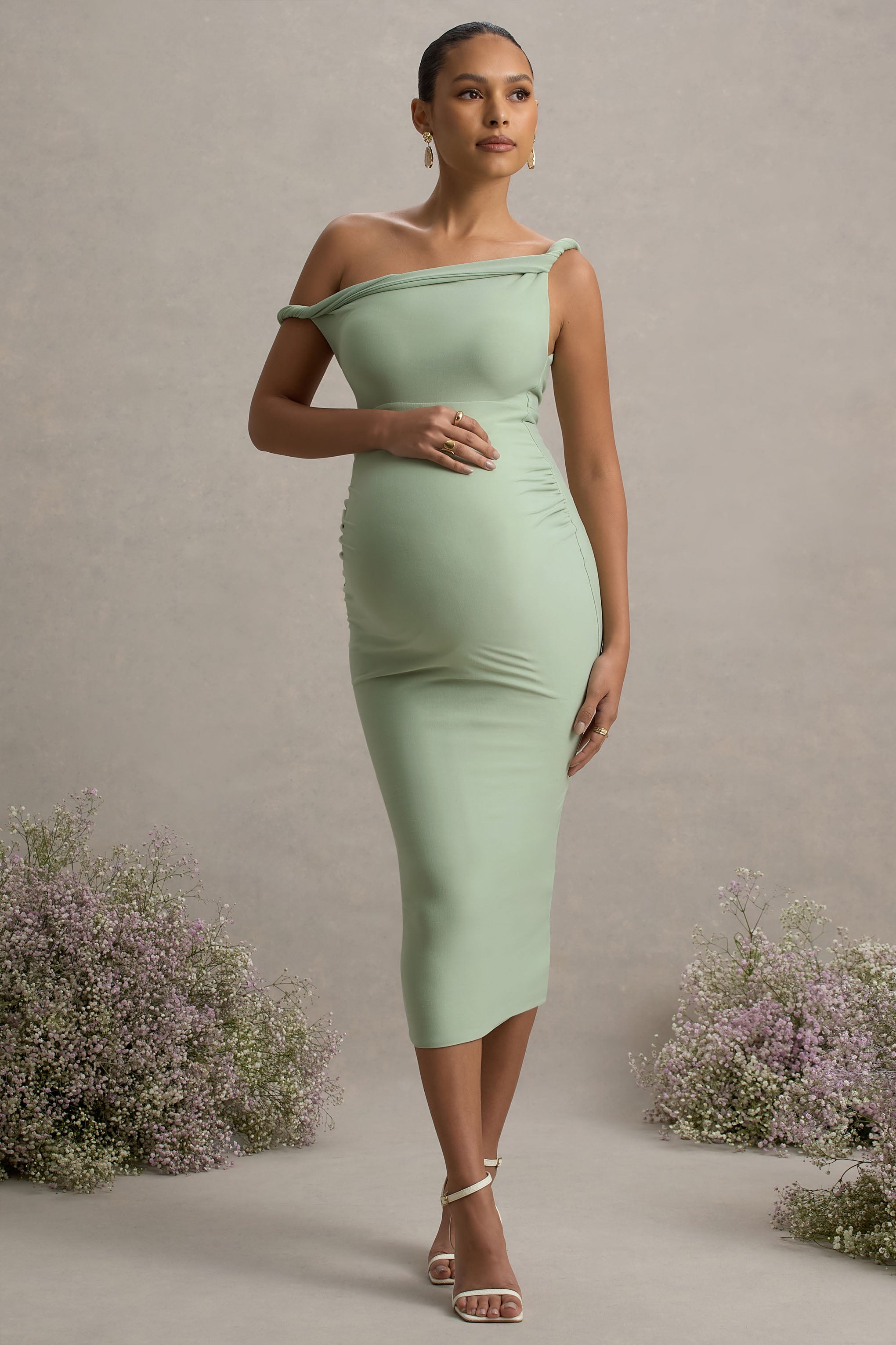 Salome | Light Green Twisted Asymmetric Maternity Midi Dress