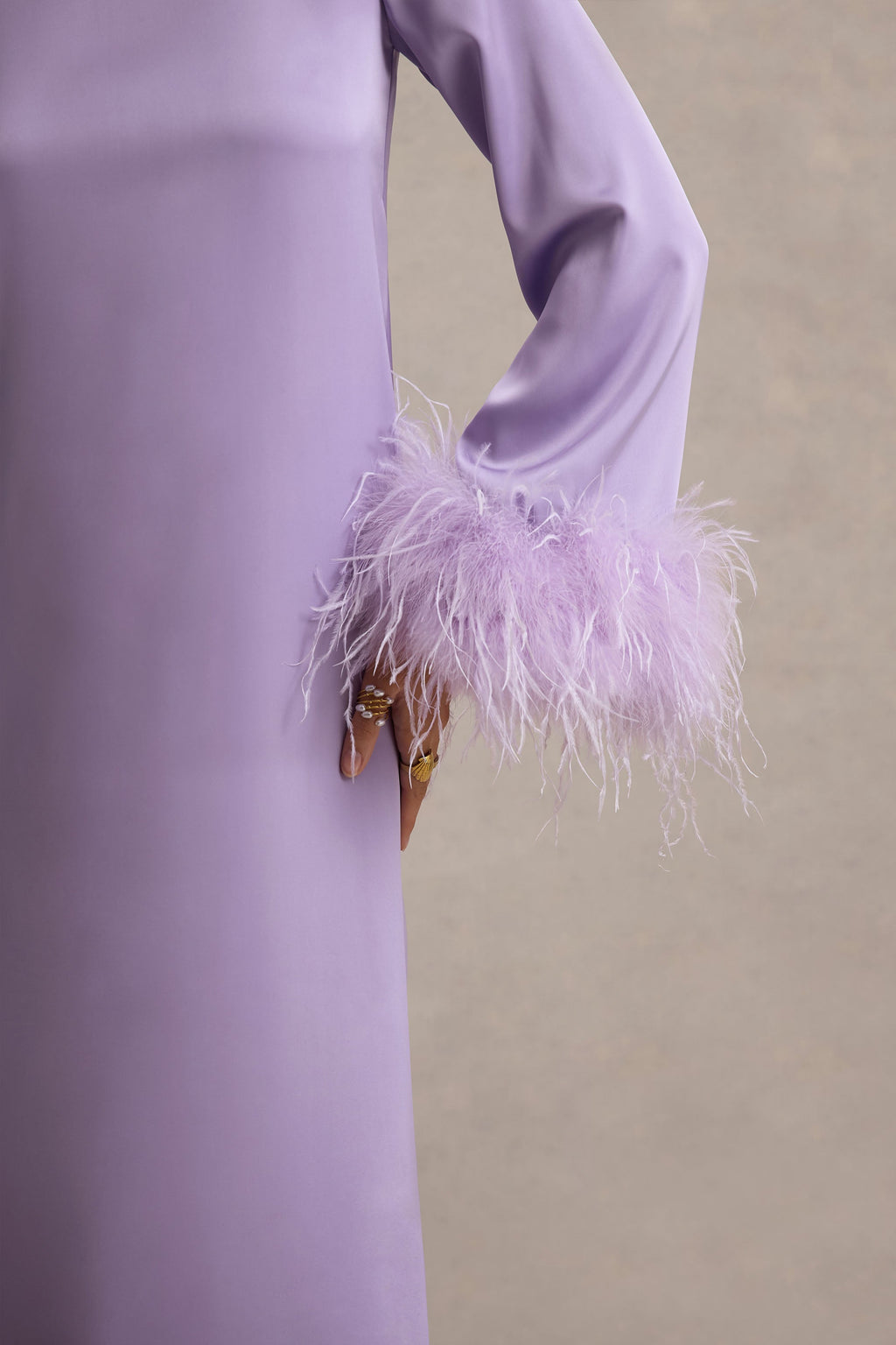 Adella | Lilac Satin Feather-Trim Maxi Dress