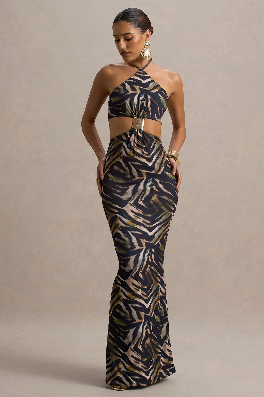 Olina | Zebra Print Halter-Neck Cut-Out Maxi Dress