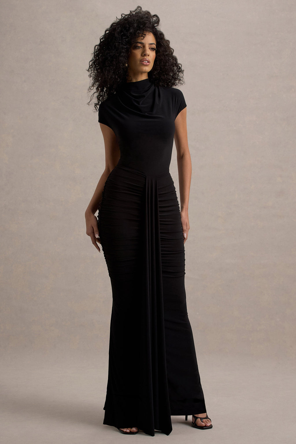 Lorenza | Black High-Neck Ruched Maxi Dress With Draped Skirt