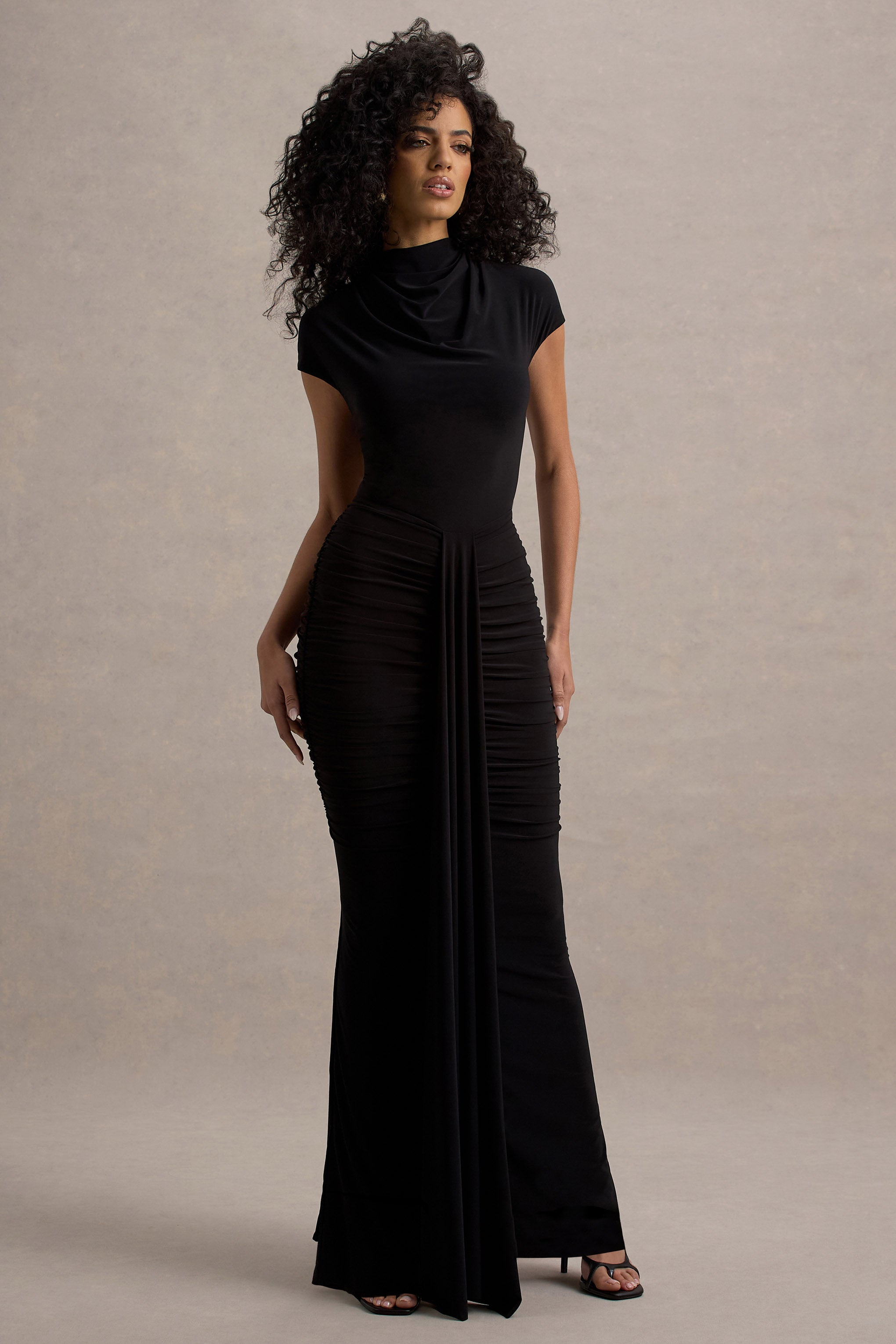 Lorenza | Black High-Neck Ruched Maxi Dress With Draped Skirt