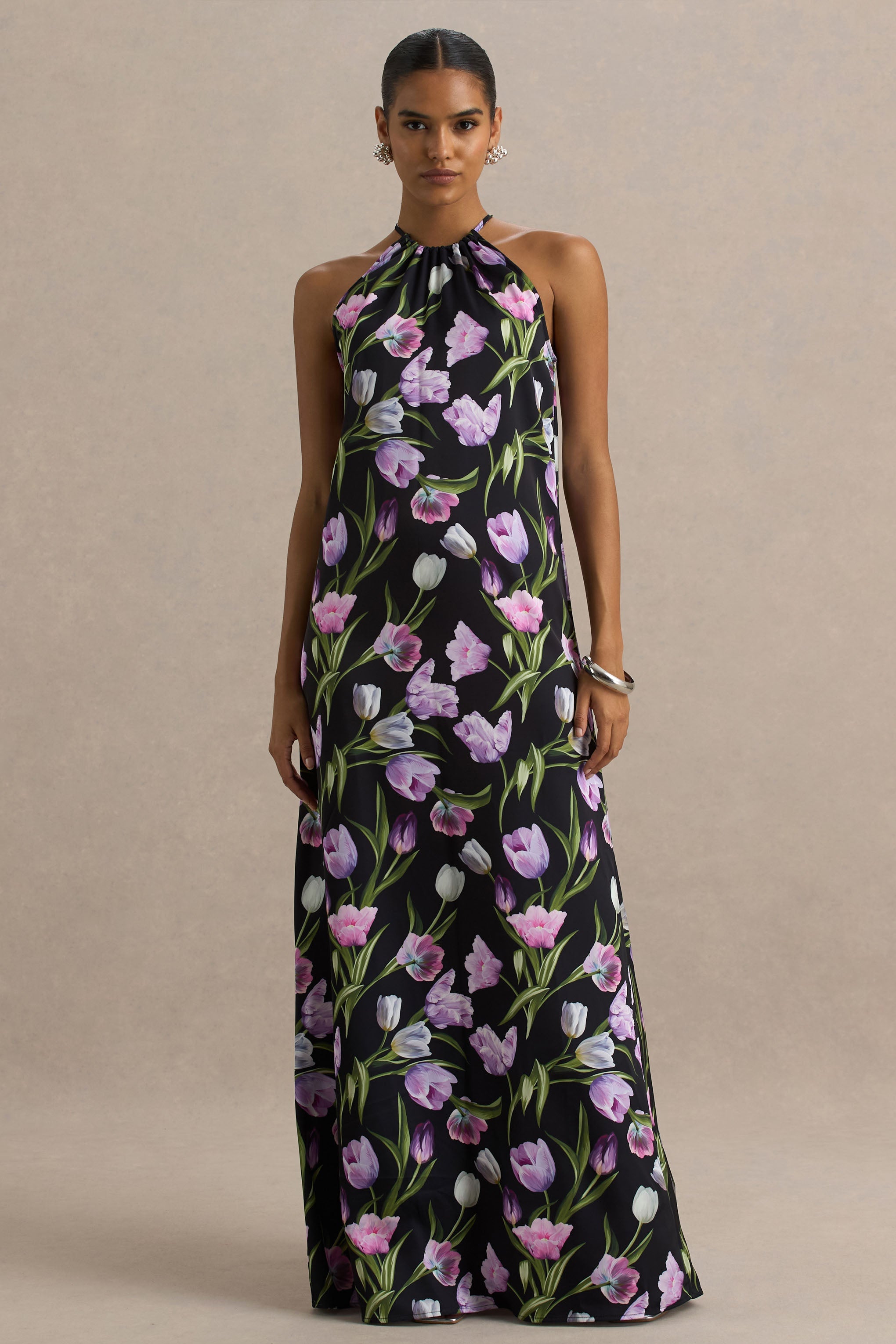 Svana | Black Satin Floral Asymmetric Halter-Neck Maxi Dress