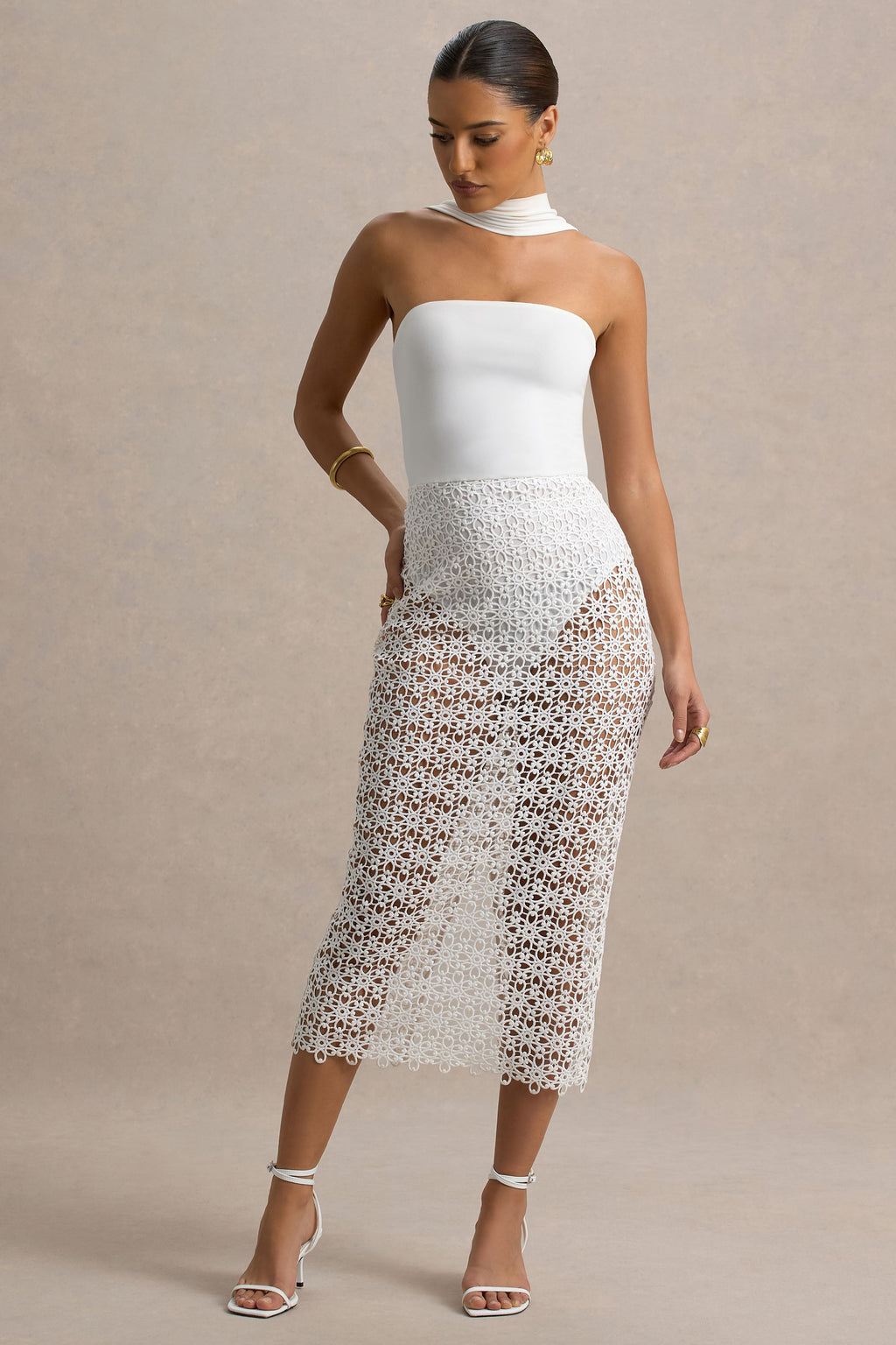 Tamala | White High-Neck Midi Dress With Lace Skirt