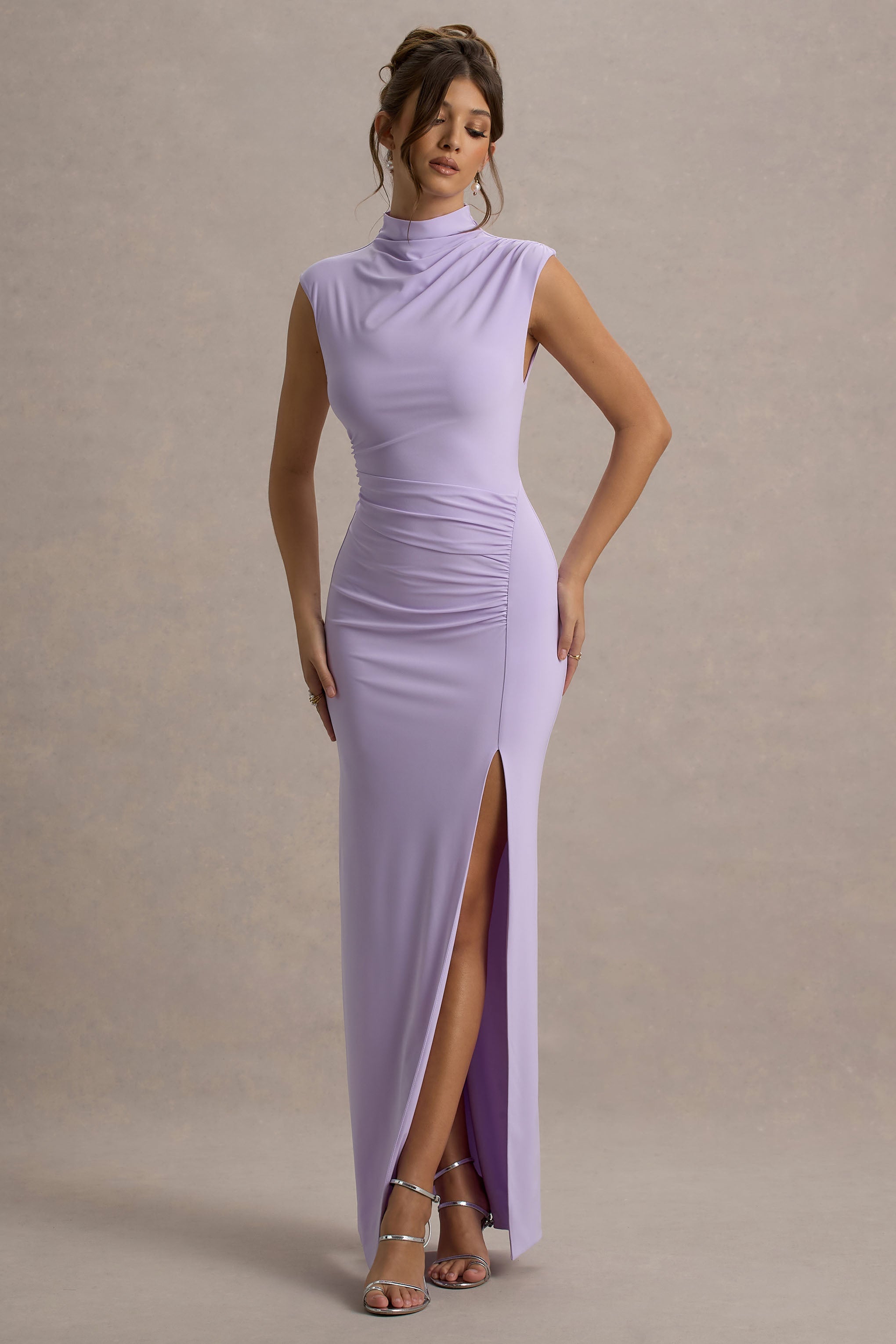Lanetta | Lilac Ruched High-Neck Maxi Dress With Split