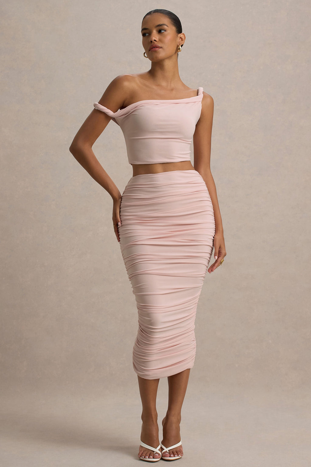 Lively | Light Pink Ruched Midi Skirt