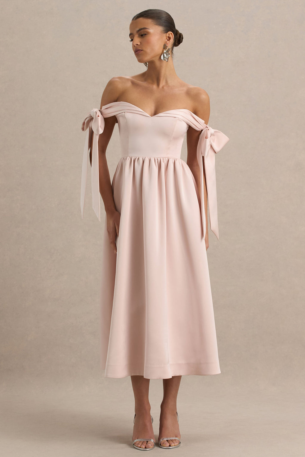 Agafay | Rose Pink Satin Short-Sleeve Bardot Wrap Midi Dress With Bow Detail