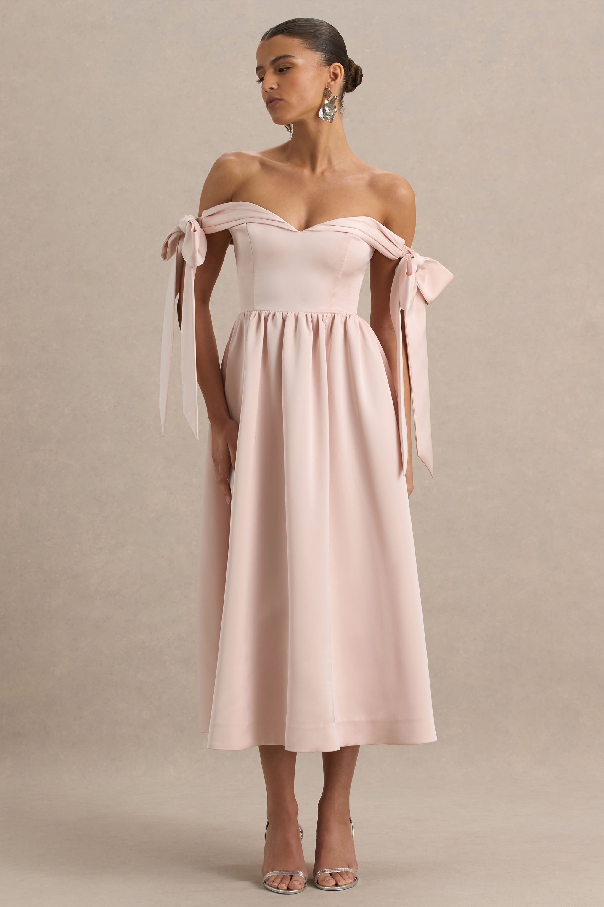 Agafay | Rose Pink Satin Short-Sleeve Bardot Wrap Midi Dress With Bow Detail