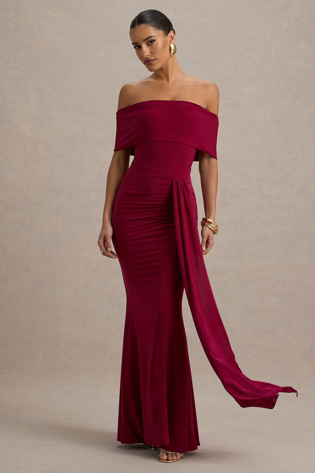 Delma | Burgundy Bardot Maxi Dress With Drape Detail