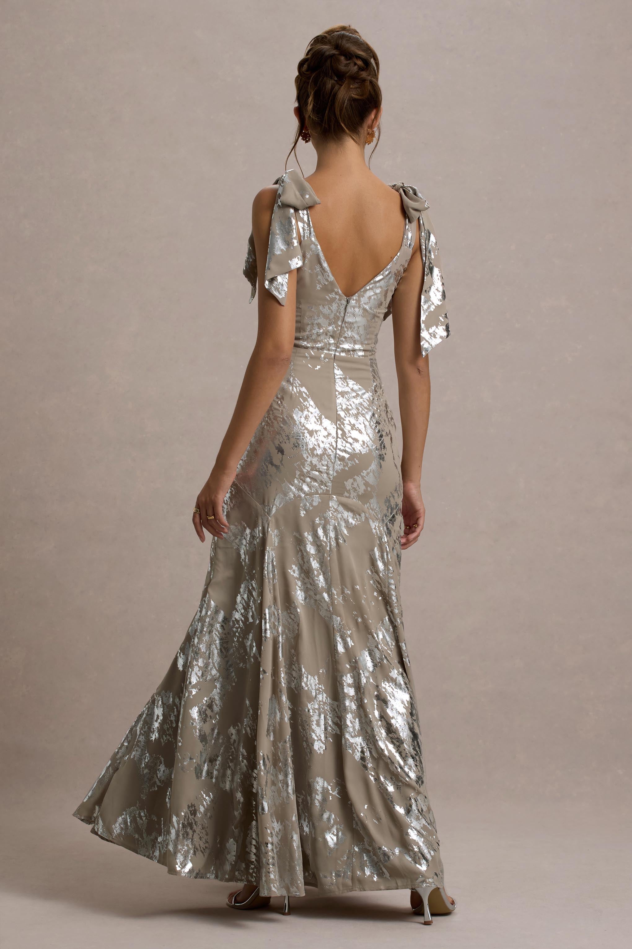 Lula | Champagne Metallic Plunge-Neck Maxi Dress With Bow Straps