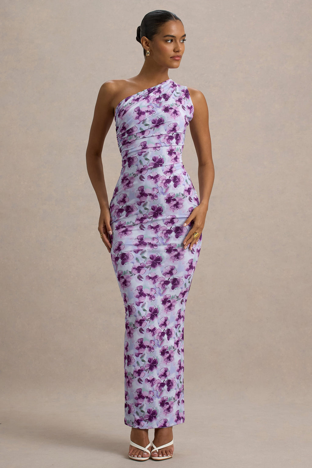 Venetia | Purple Floral Print One-Shoulder Tie-Back Maxi Dress