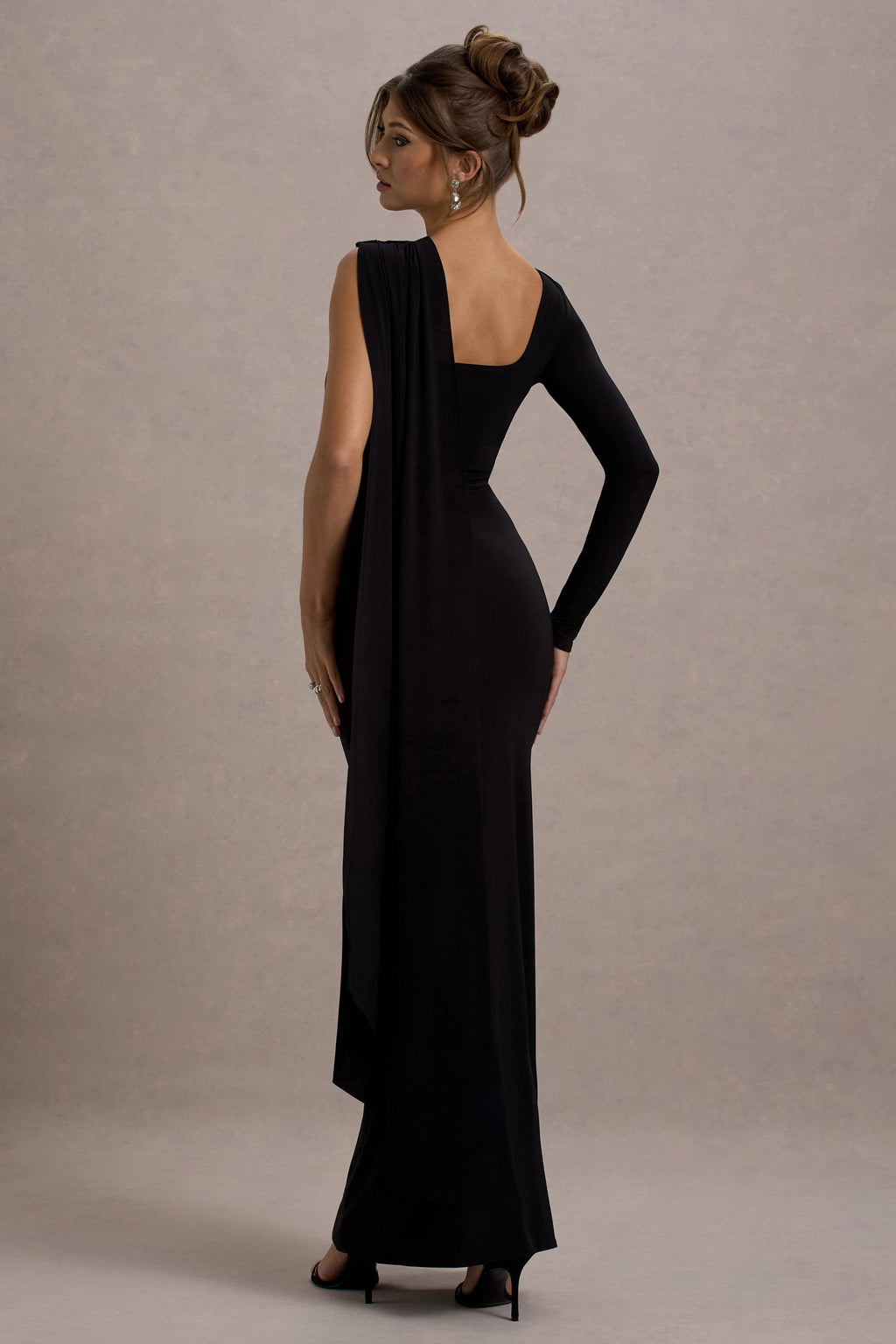 Ashini | Black One-Sleeve Maxi Dress With Cape