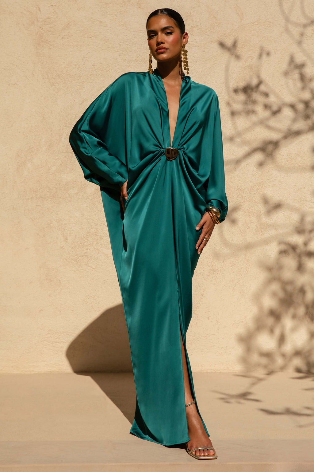 Tina | Dark Green Satin Plunge-Neck Embellished Maxi Dress