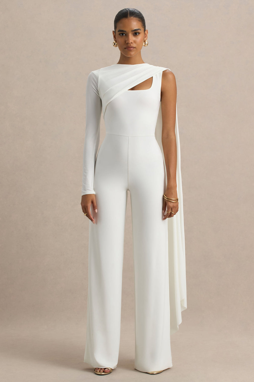 Graces | White High-Neck Jumpsuit With Cape Sleeve