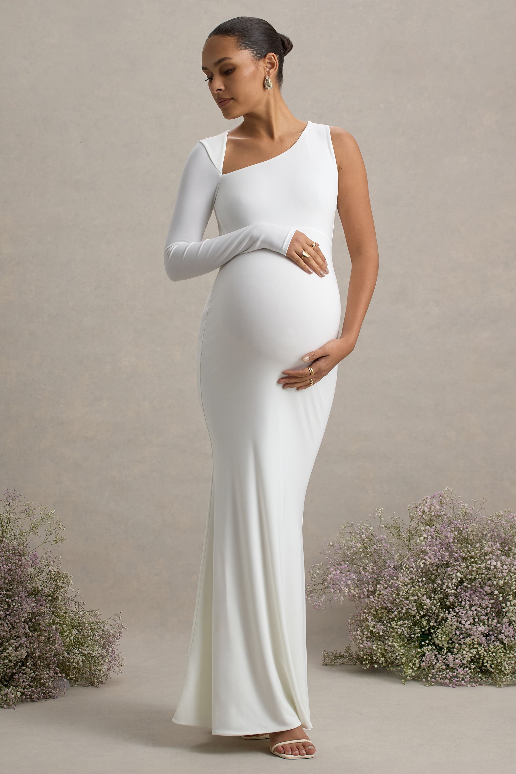 Oh Baby | White Maternity One Shoulder Bodycon Maxi Dress