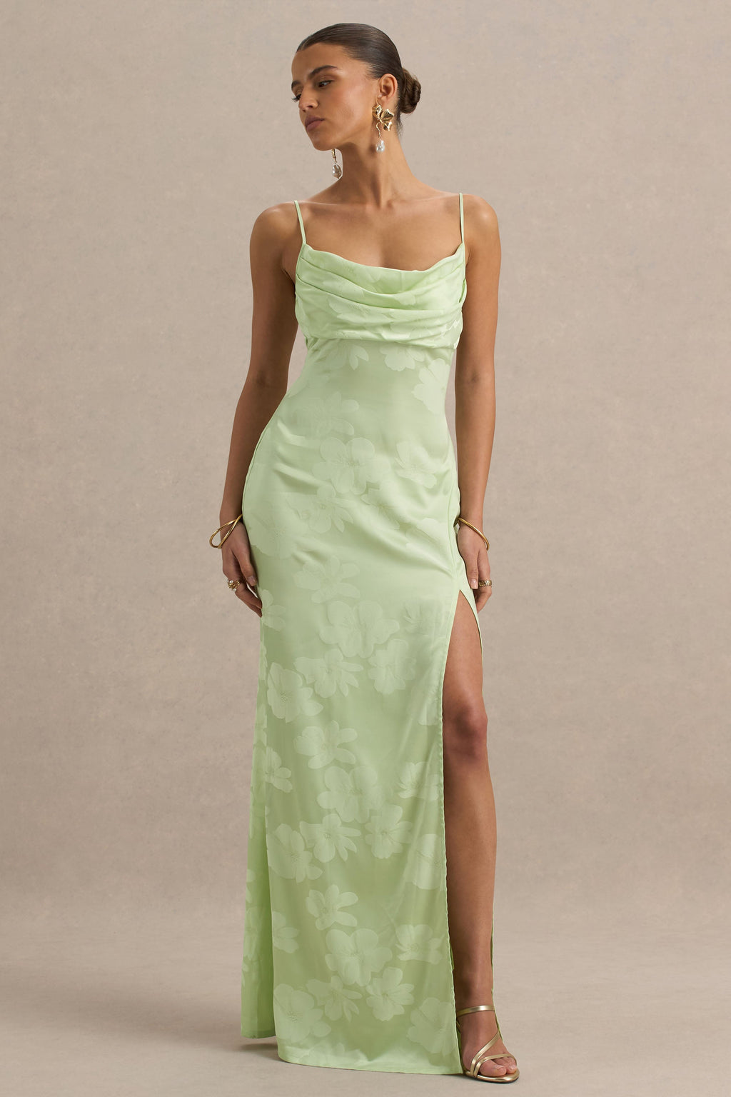 Maddie | Light Green Floral Print Satin Cowl-Neck Maxi Dress