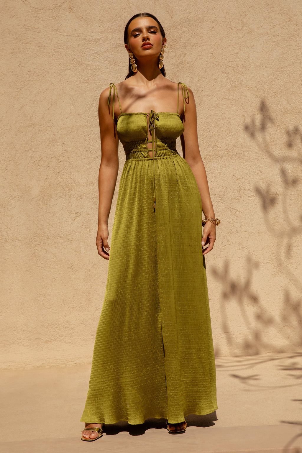 Azalea | Green Square-Neck Maxi Dress With Chest Cut-Out And Pleated Detailing