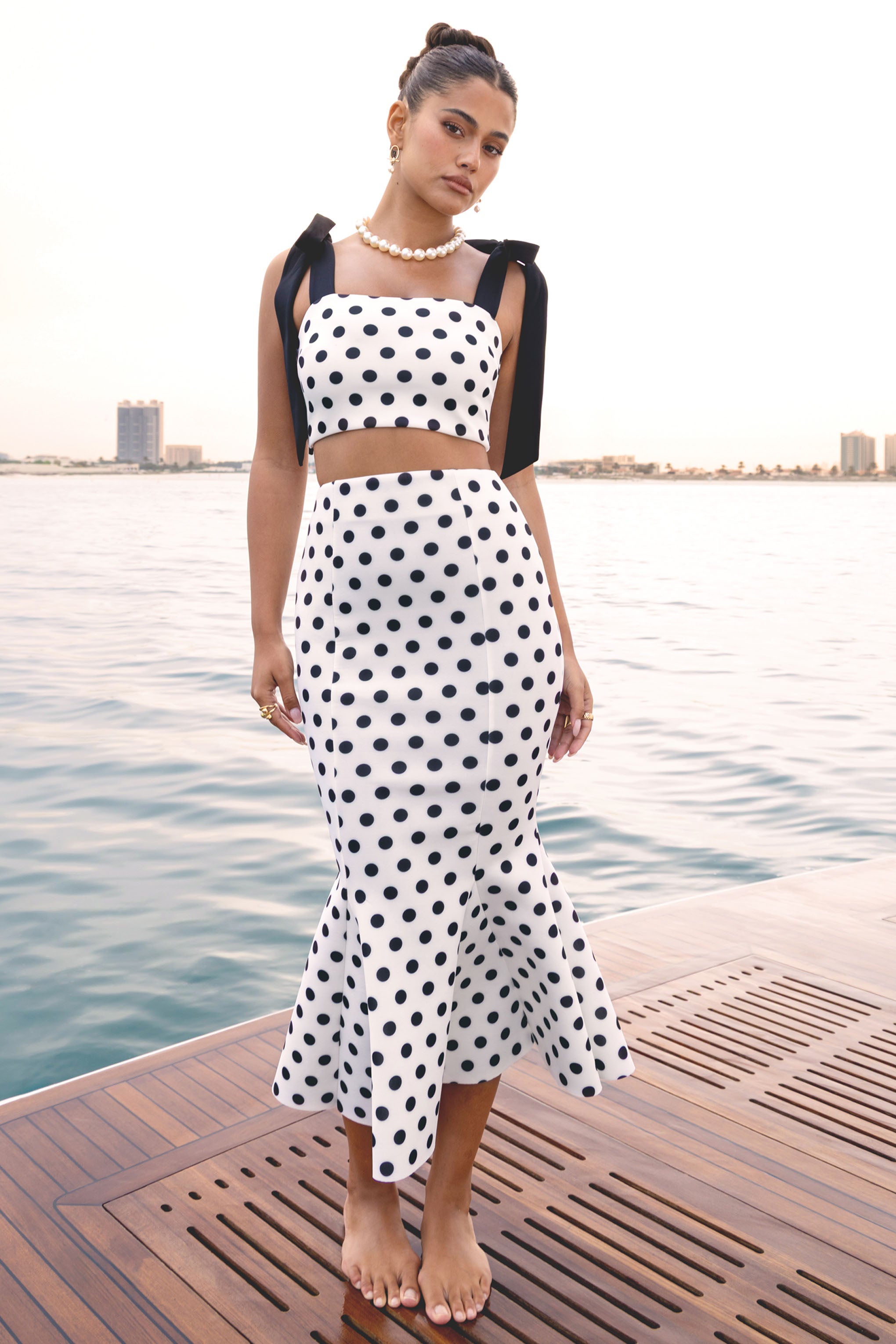 Amadea | Black & White Polka Dot Fishtail Midi Skirt