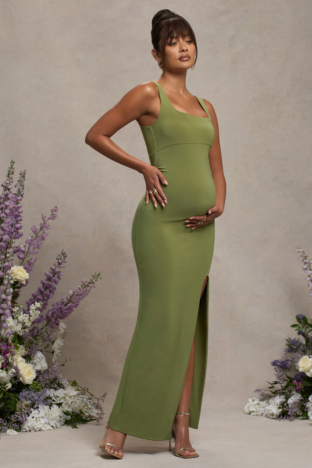 Avril | Olive Square Neck Maternity Maxi Dress with Split