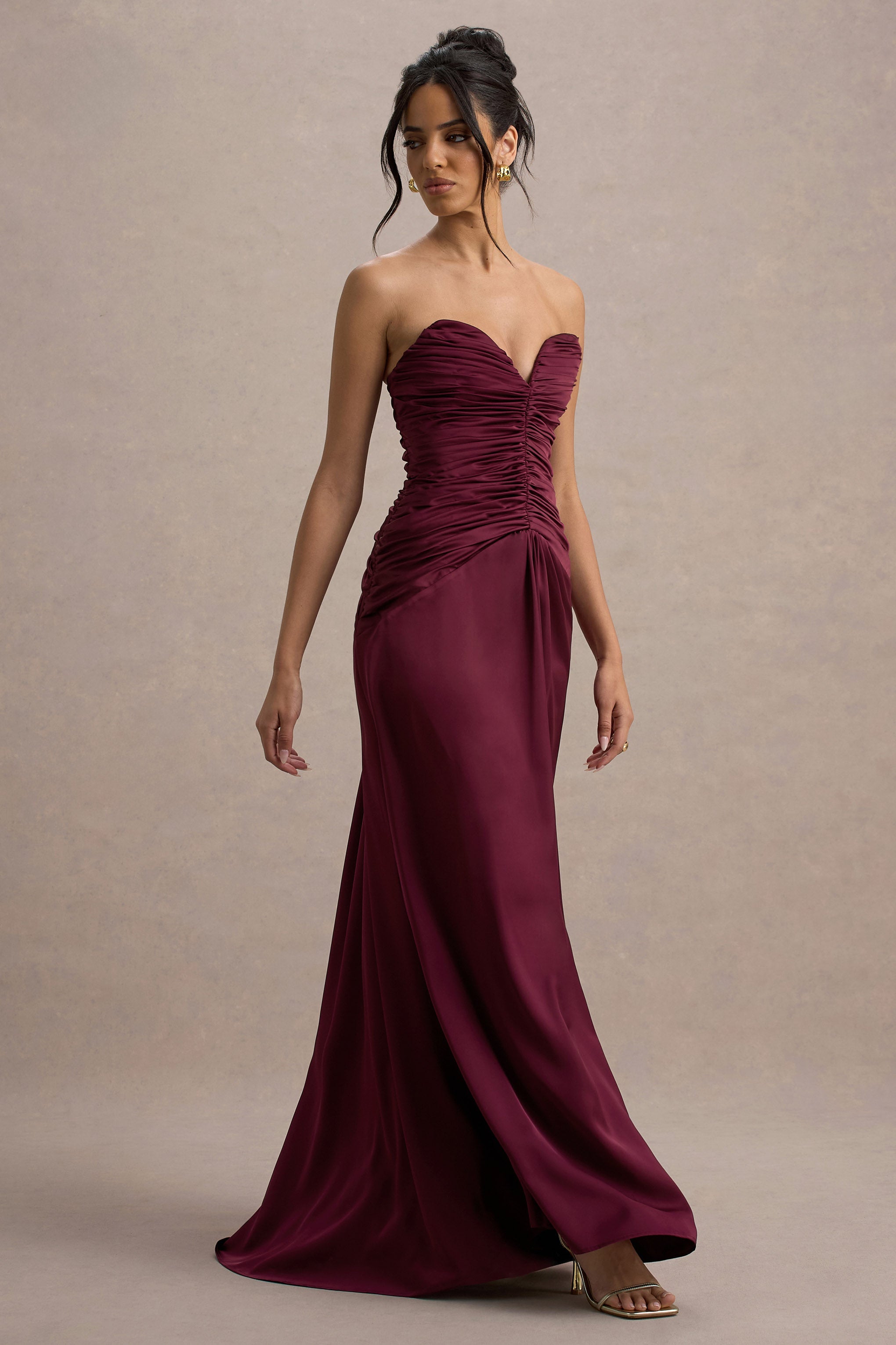 Desirie | Burgundy Satin Sweetheart Gathered Maxi Dress