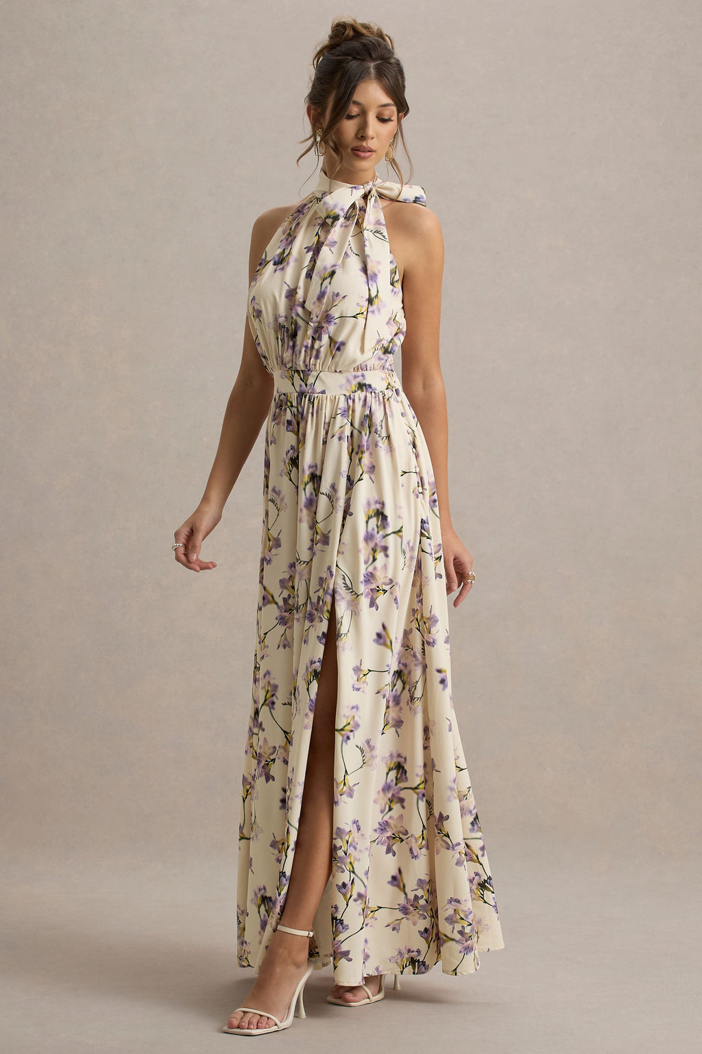Talia | Lemon Floral Print High-Neck Split Maxi Dress With Bow