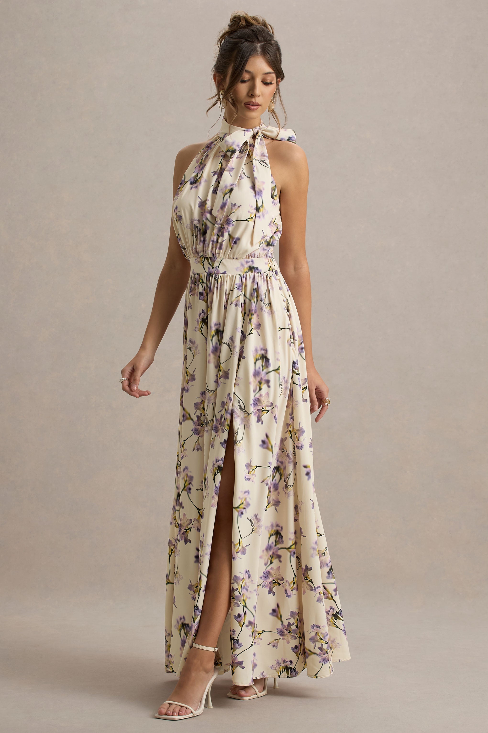 Talia | Lemon Floral Print High-Neck Split Maxi Dress With Bow