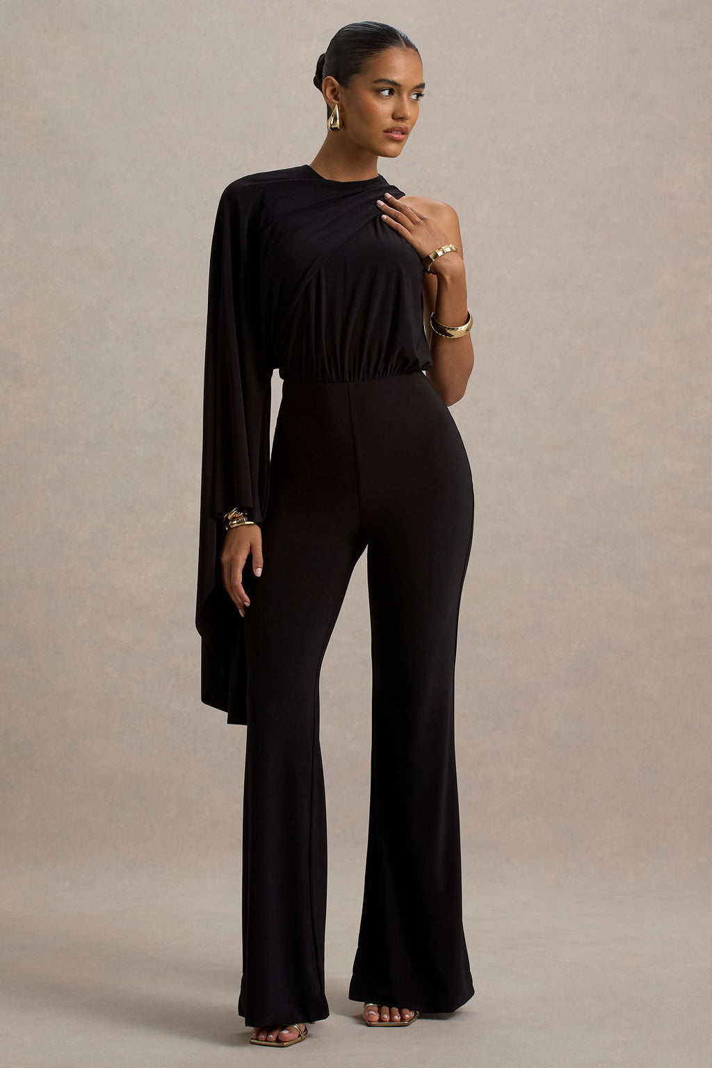 Asra | Black High-Neck Flared-Leg Jumpsuit With Cape Sleeve