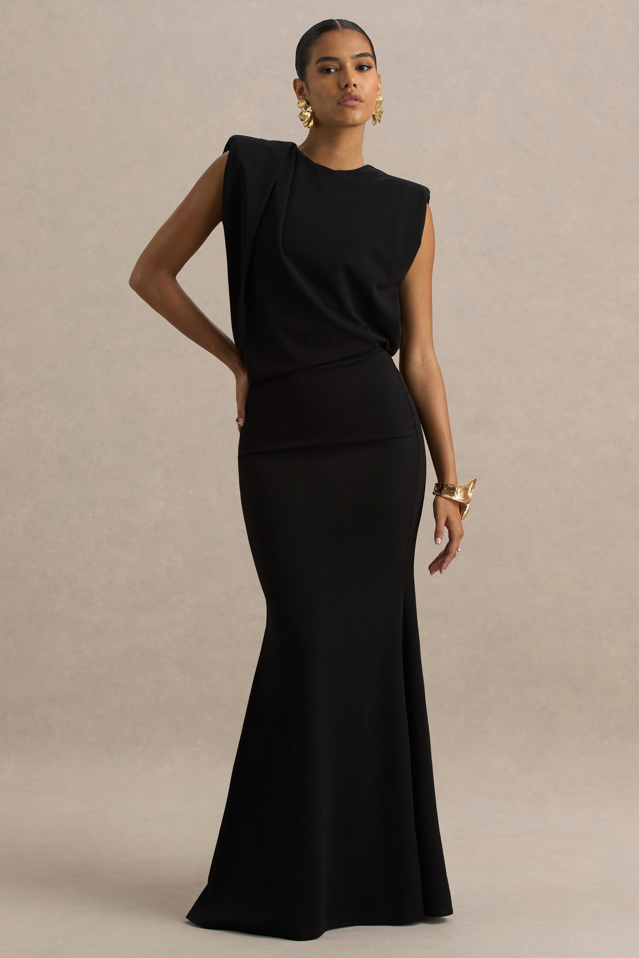 Meave | Black High Neck Maxi Dress With Draping Detail