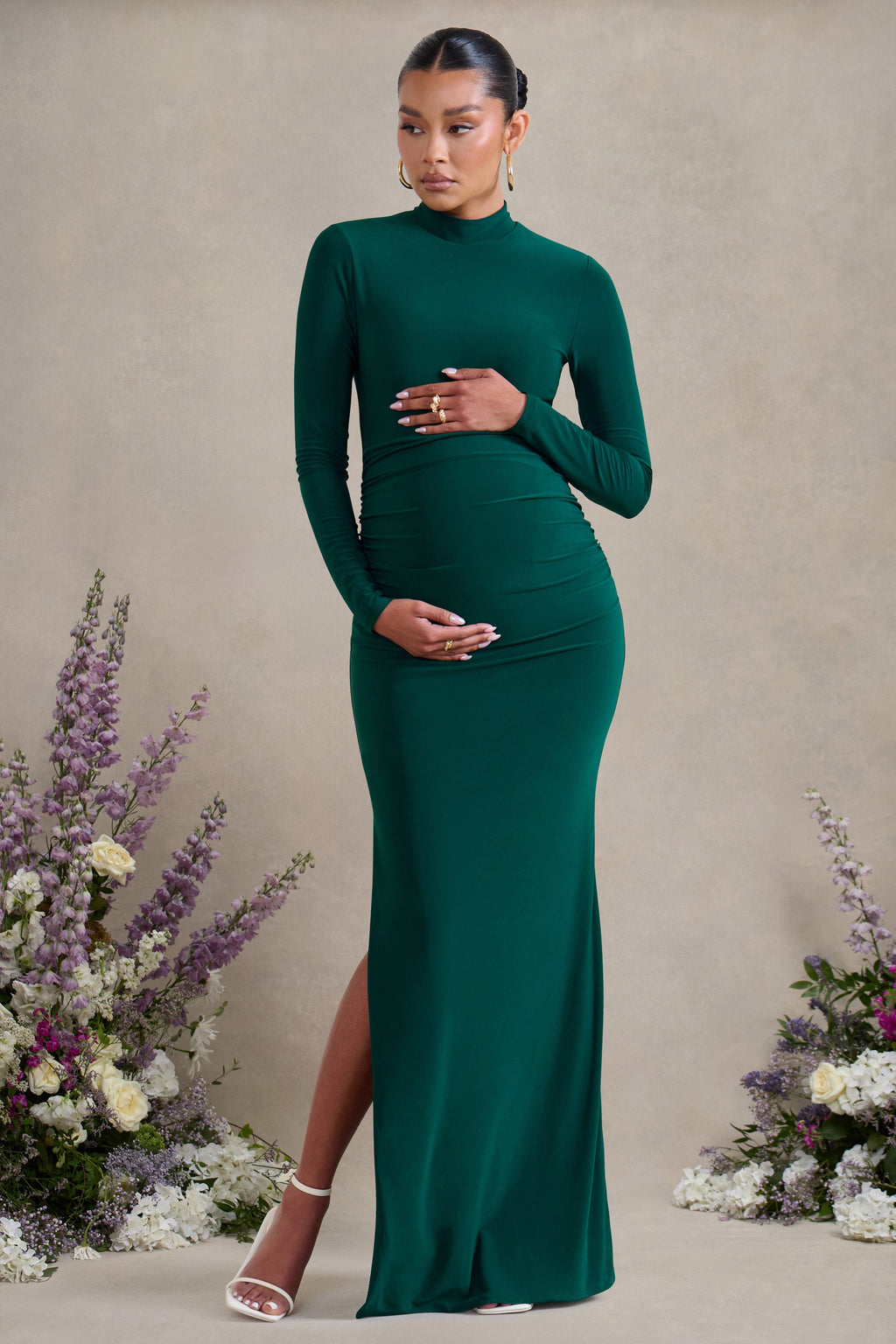 Alejandra | Green Maternity Long Sleeve High Neck Maxi Dress
