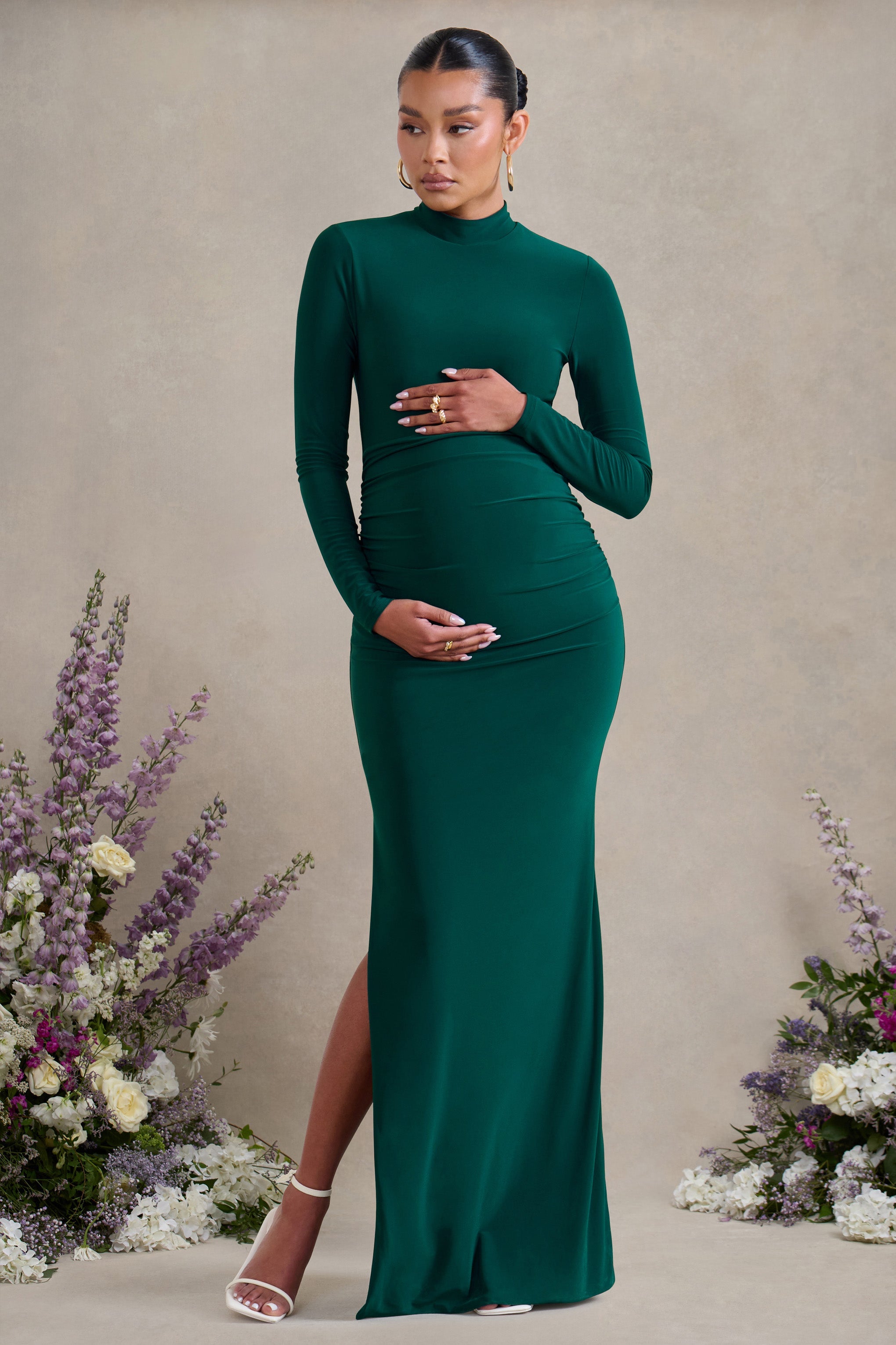 Alejandra | Green Maternity Long Sleeve High Neck Maxi Dress