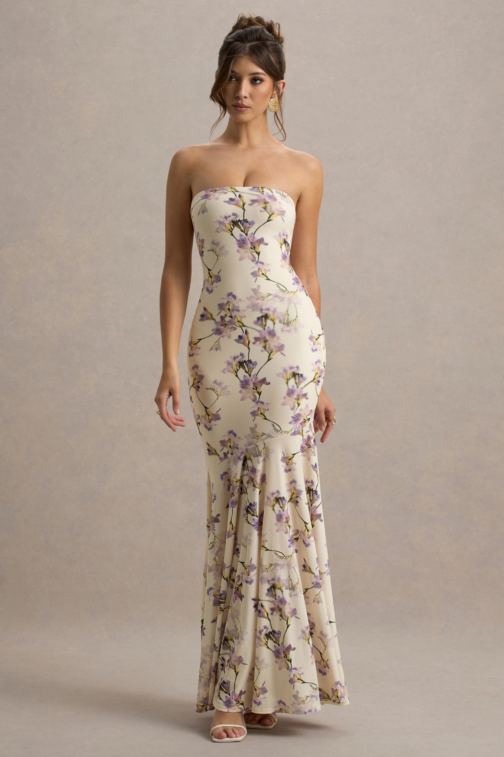 Callie | Lemon Floral Print Bandeau Fishtail Maxi Dress