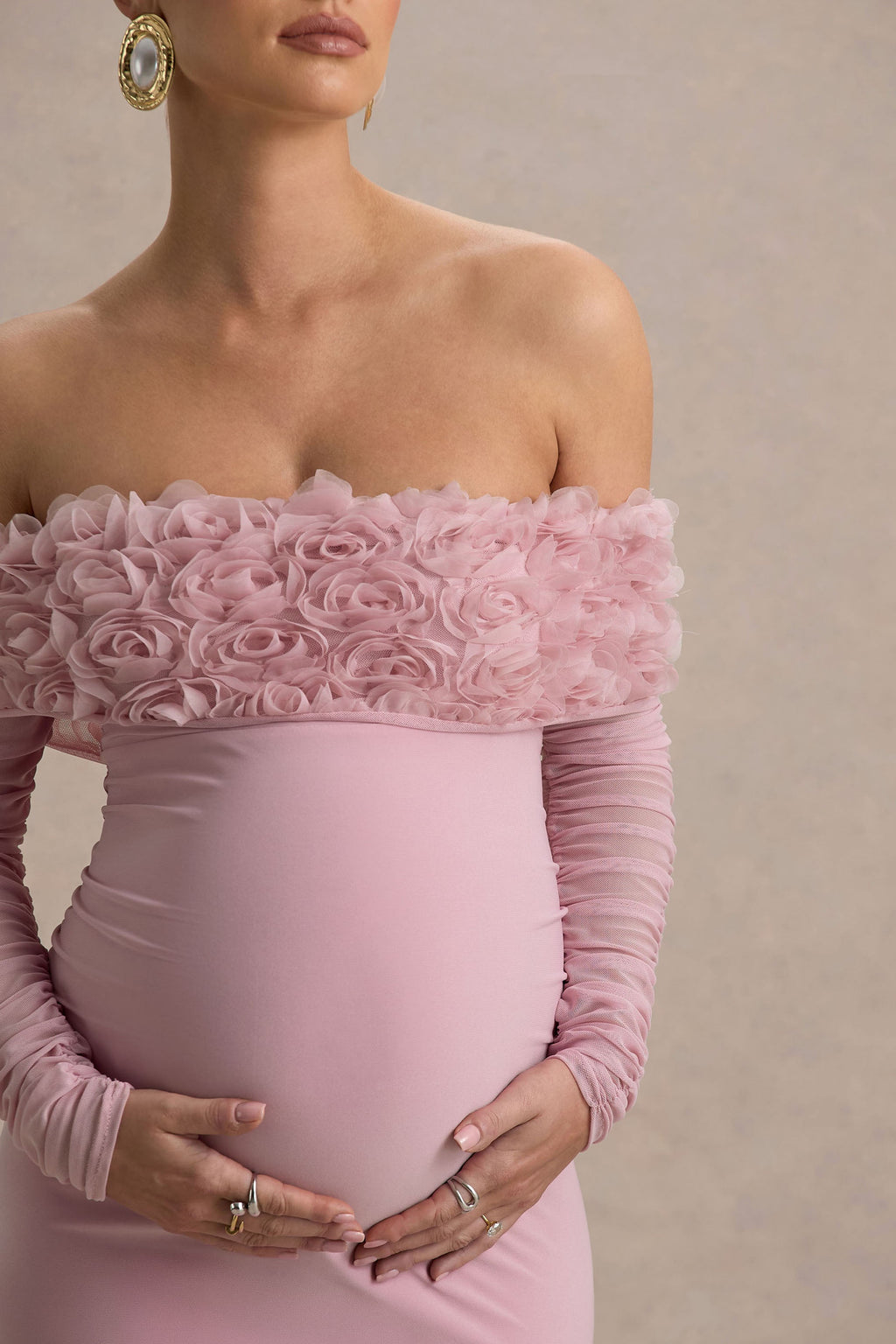 Adita | Blush Pink Mesh Floral Bardot Maternity Midi Dress