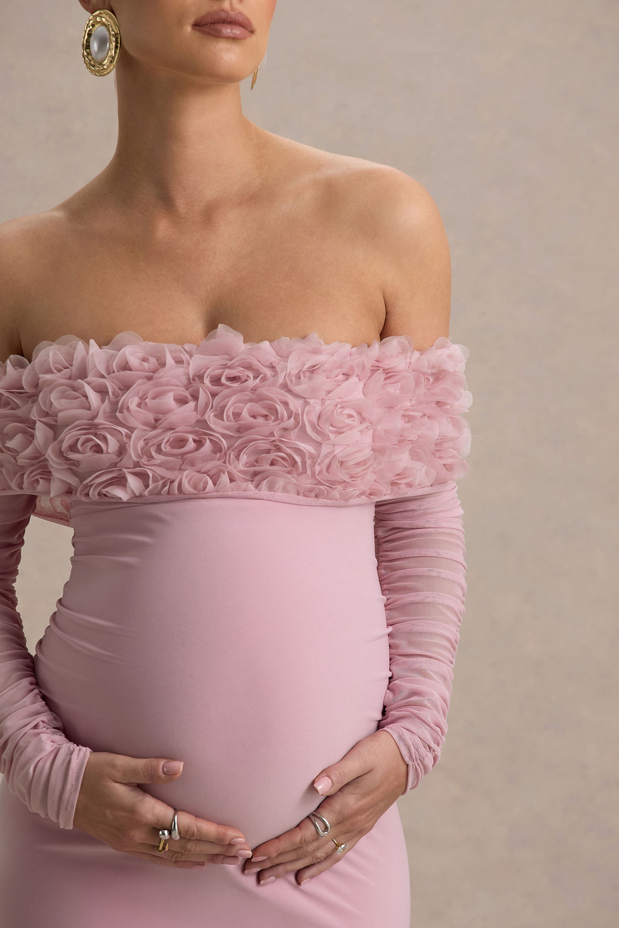 Adita | Blush Pink Mesh Floral Bardot Maternity Midi Dress