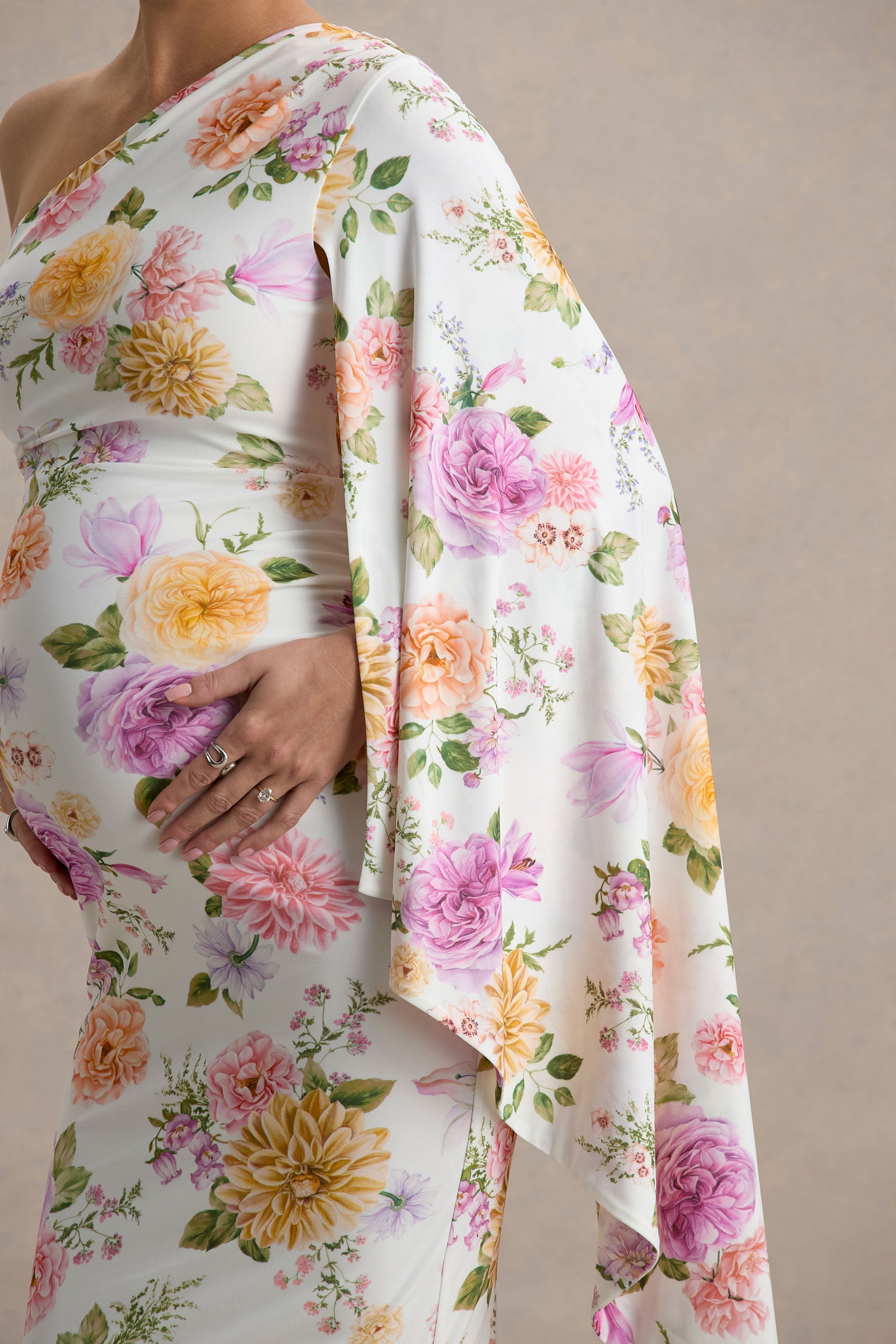 Aliana | Peach And Lilac Floral Print Asymmetric Maternity Maxi Dress With Ruched Detailing