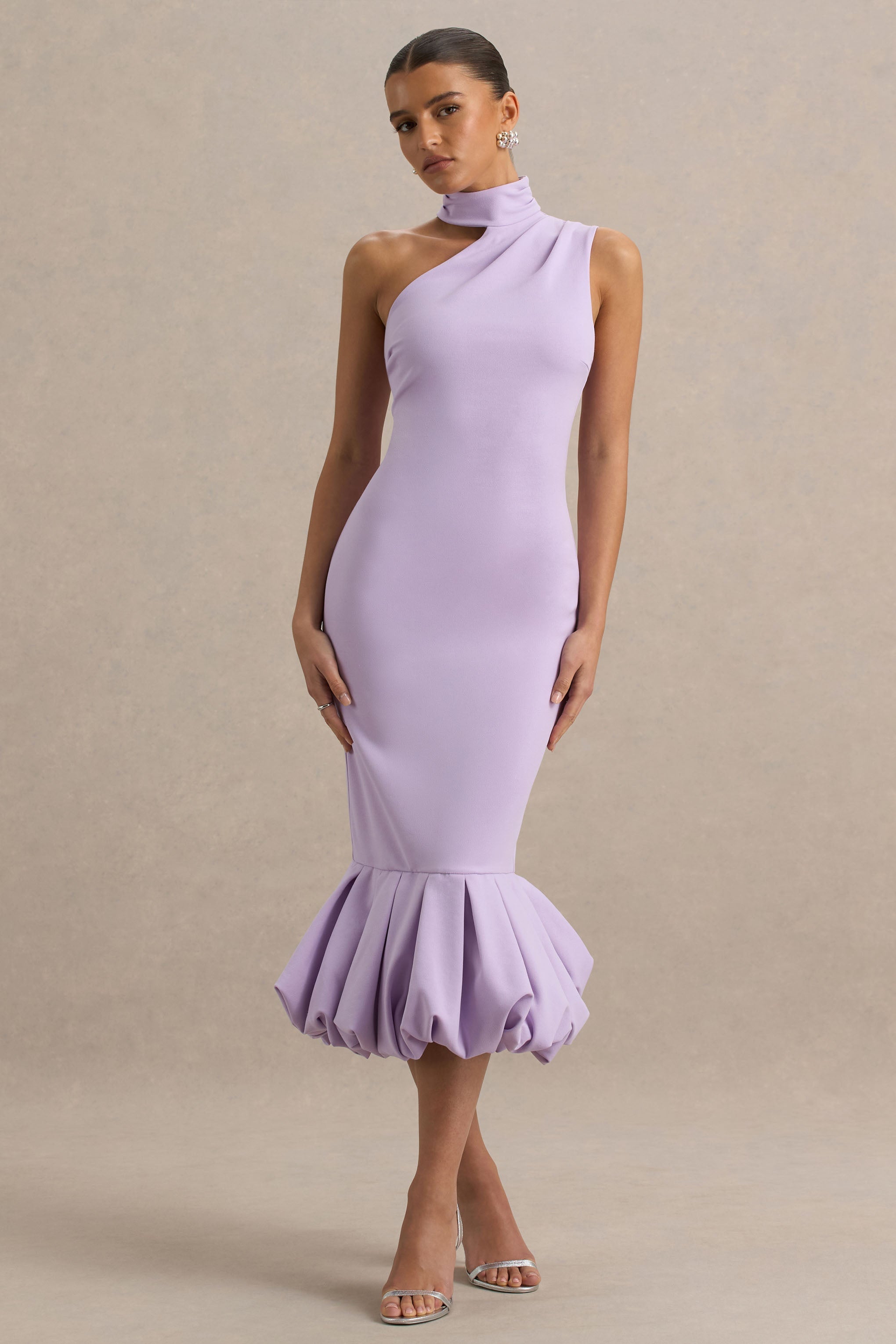 Sabine | Lilac One-Shoulder Ruffle-Trim Midi Dress