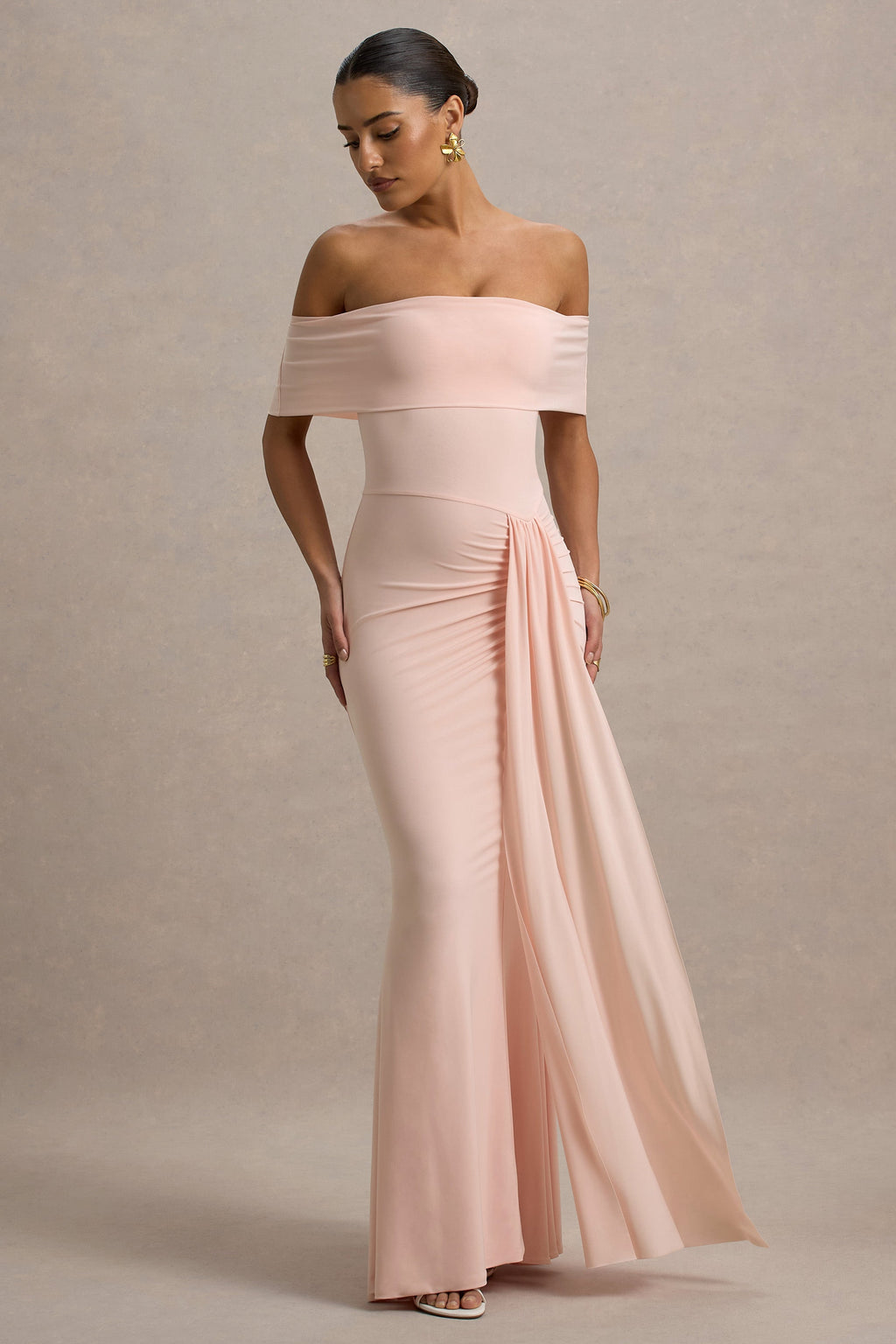 Delma | Pink Bardot Maxi Dress With Drape Detail