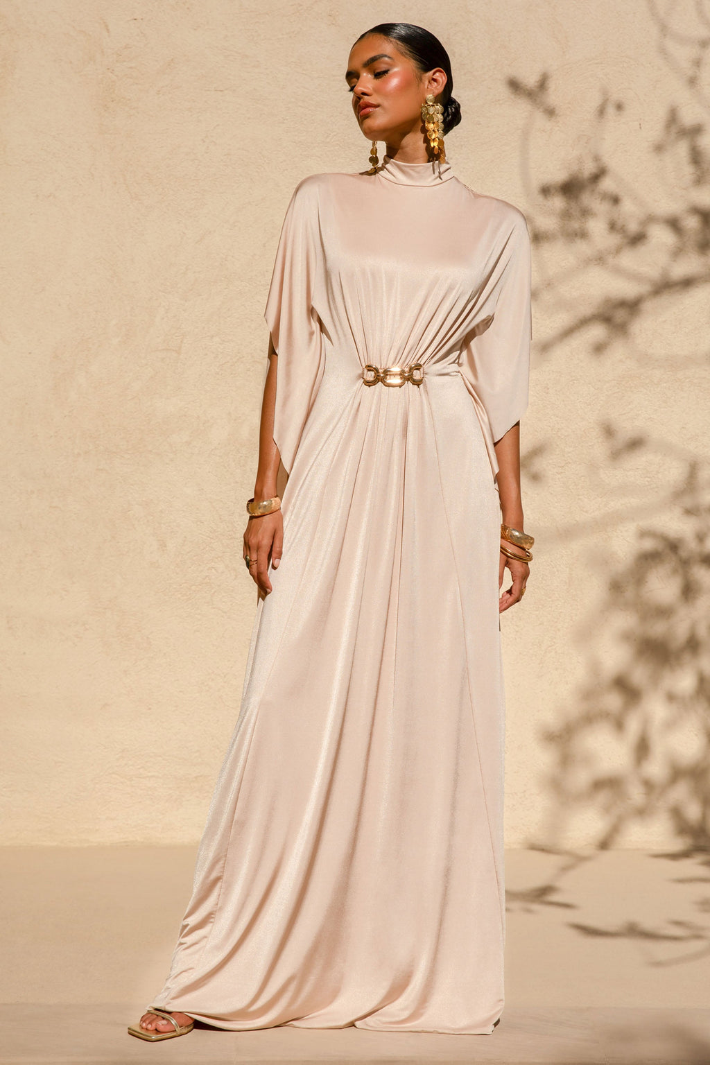 Olessia | Champagne Belted Gathered Cape-Sleeve Maxi Dress