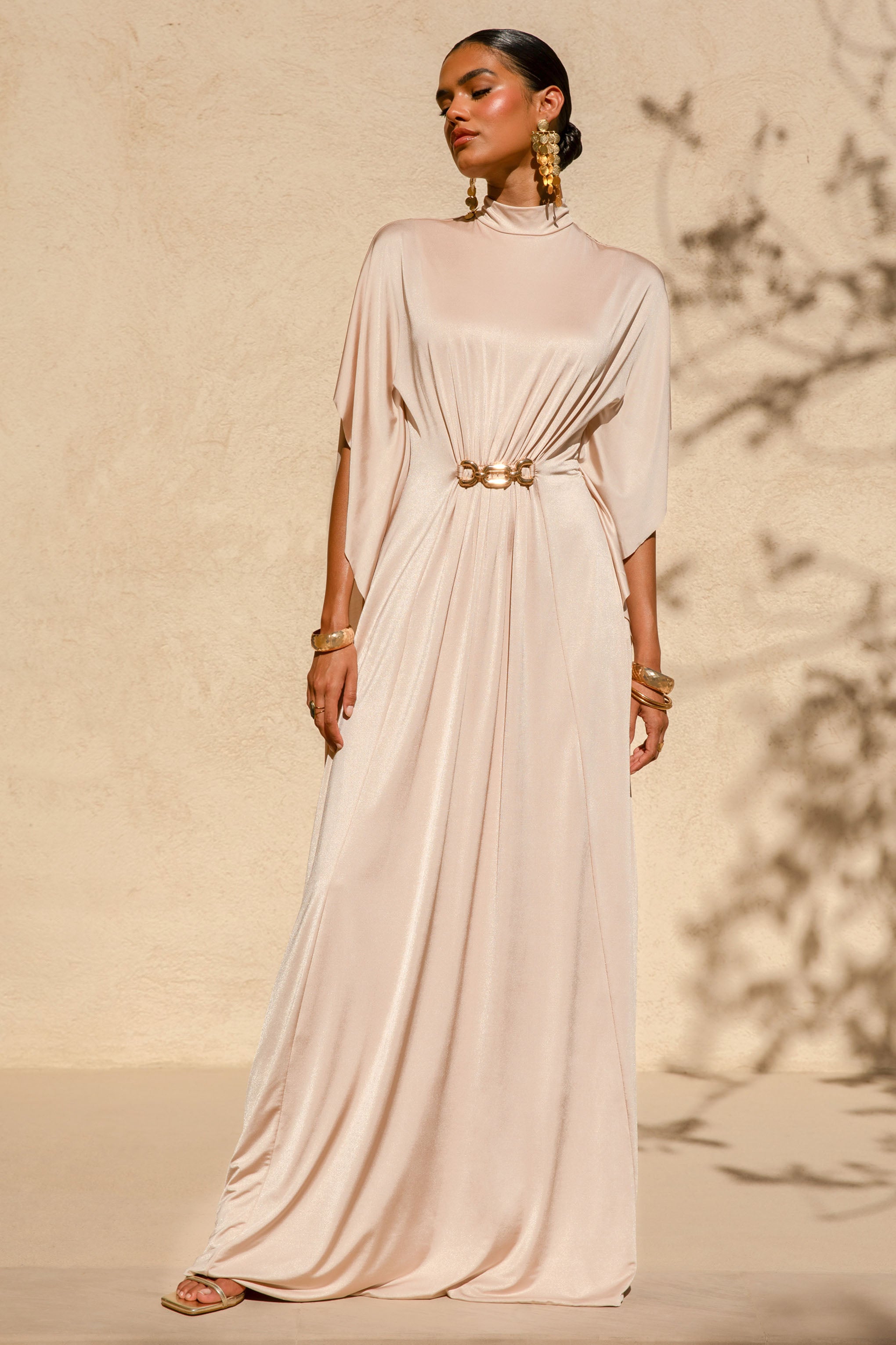 Olessia | Champagne Belted Gathered Cape-Sleeve Maxi Dress