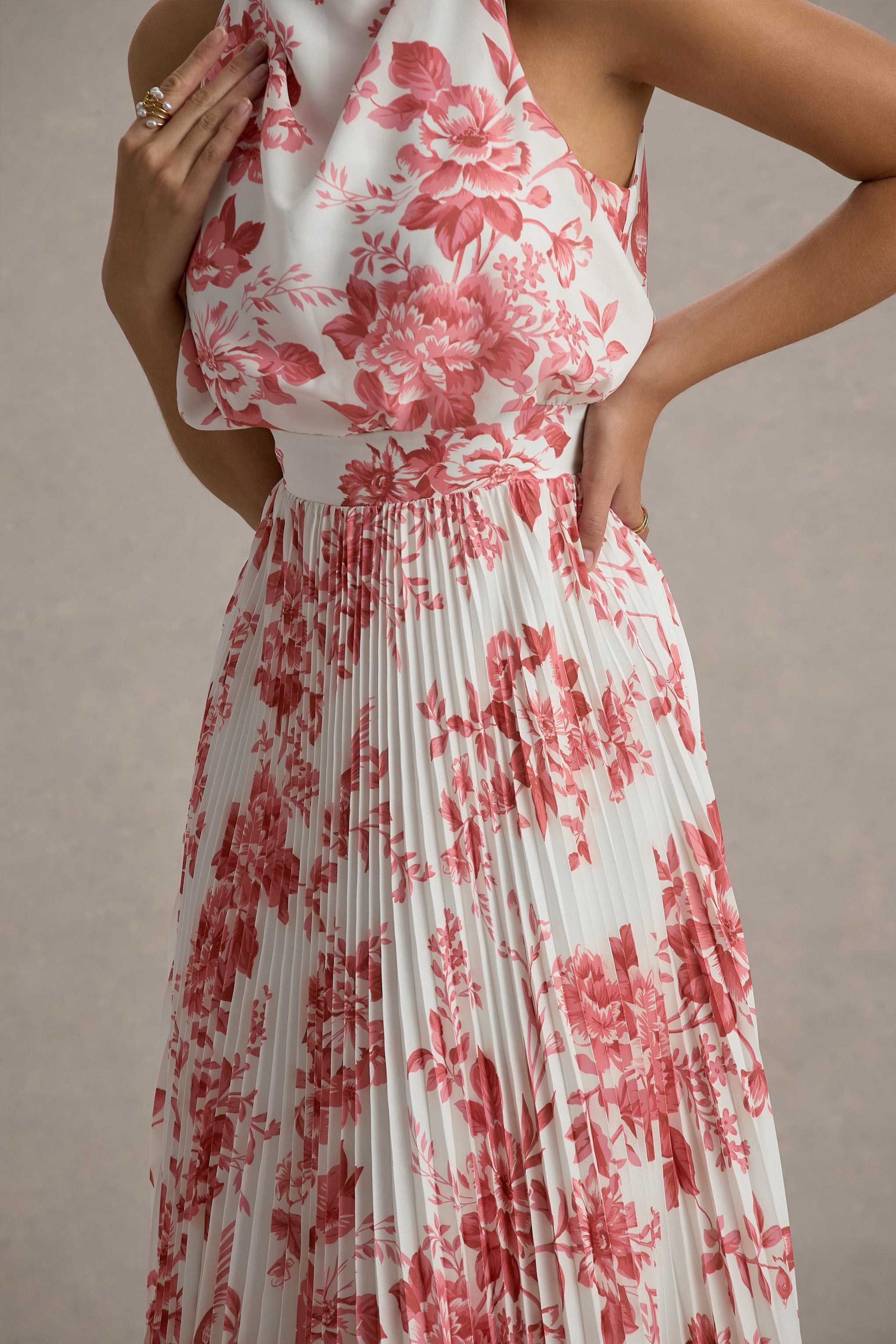 Nila | Pink Porcelain Print Cowl-Neck Midi Dress With Plisse Skirt