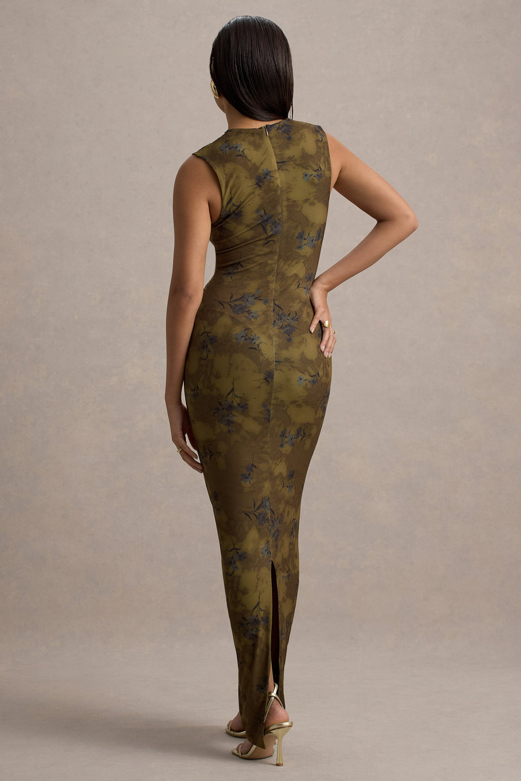 Jacinda | Khaki Floral Print Bodycon Maxi Dress