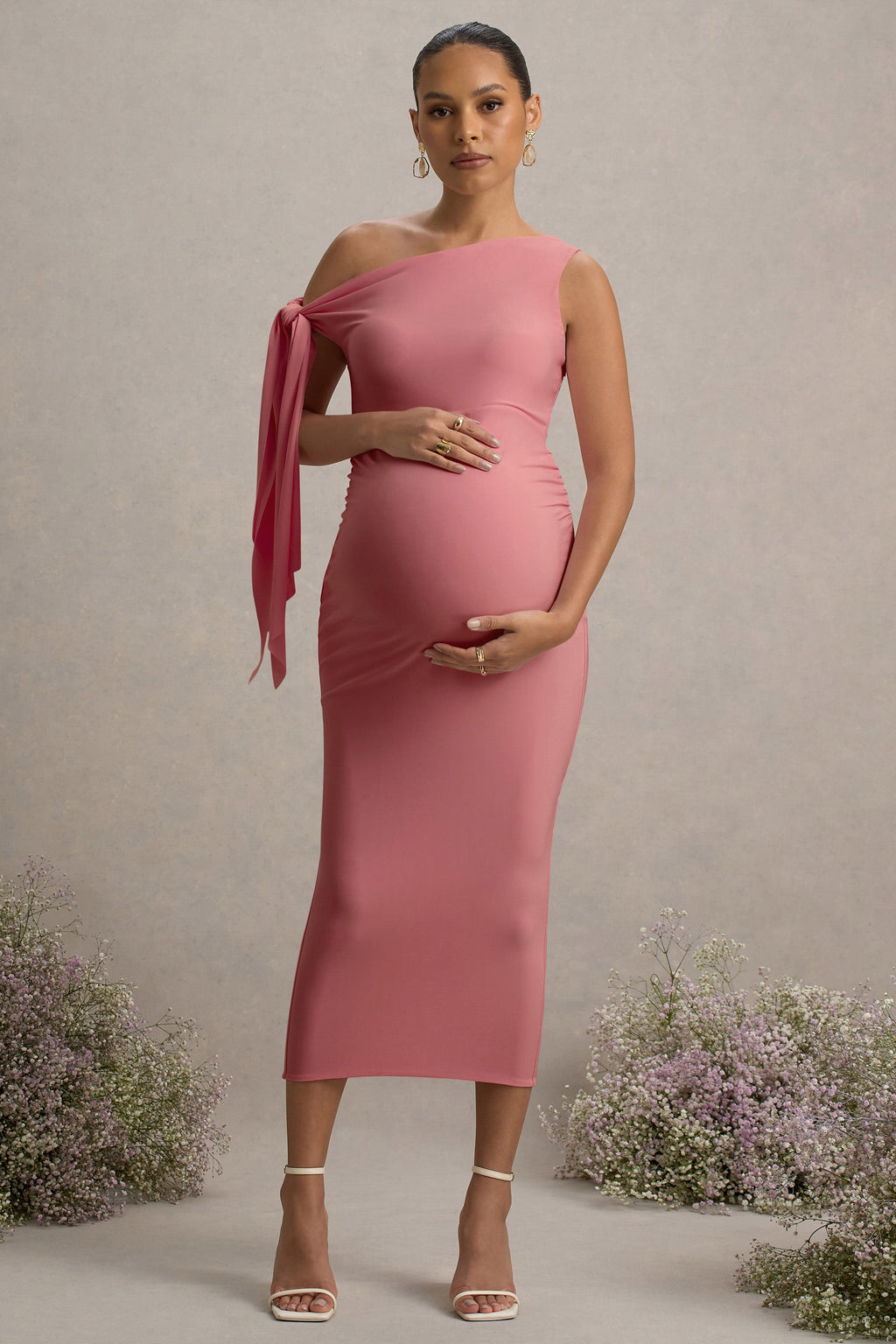 Katarine | Pink Asymmetric Knot Maternity Midi Dress