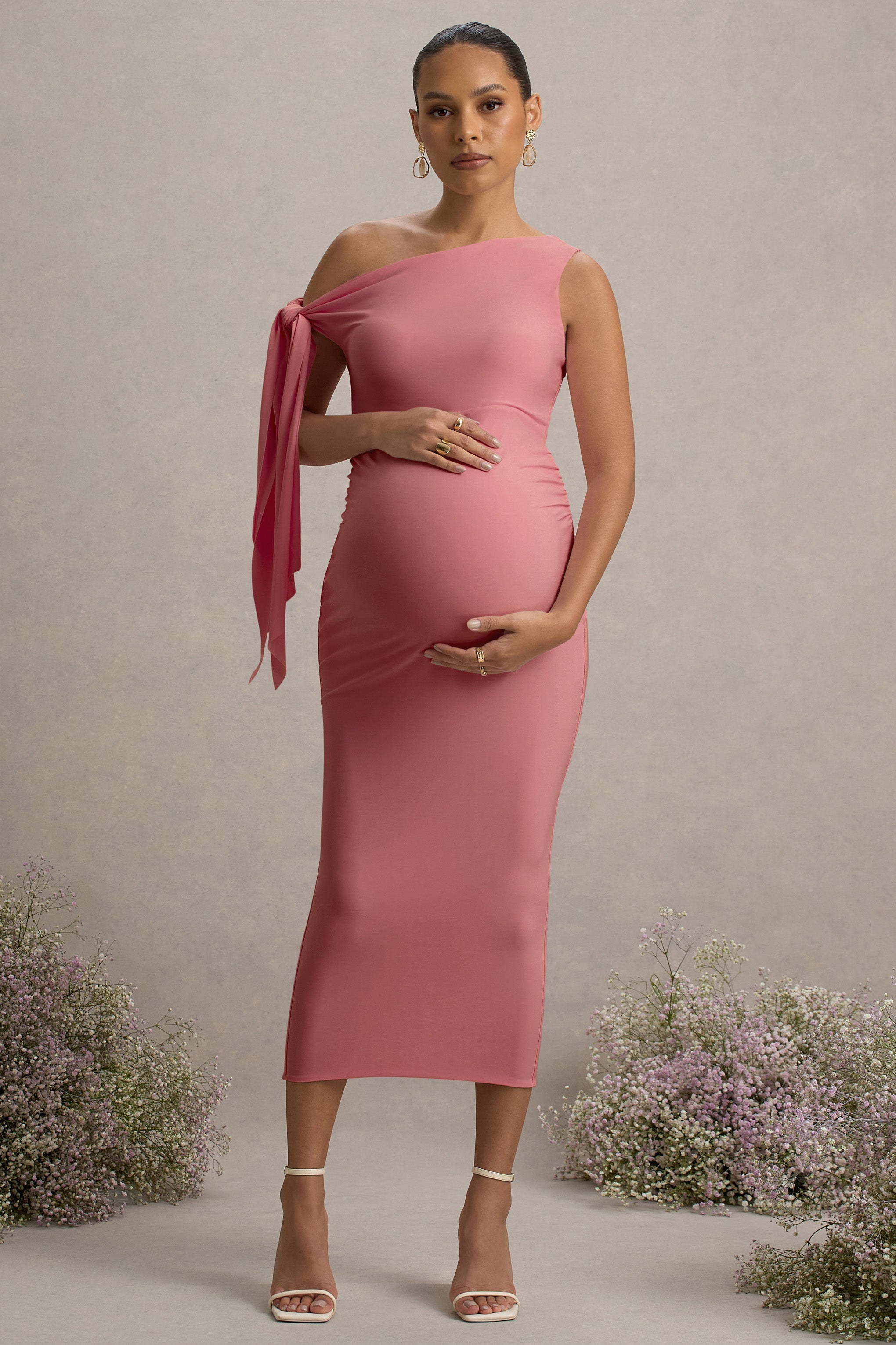 Katarine | Pink Asymmetric Knot Maternity Midi Dress