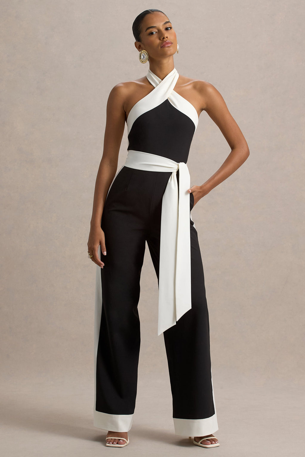 Caterina | Black & White Halter-Neck Wide-Leg Jumpsuit