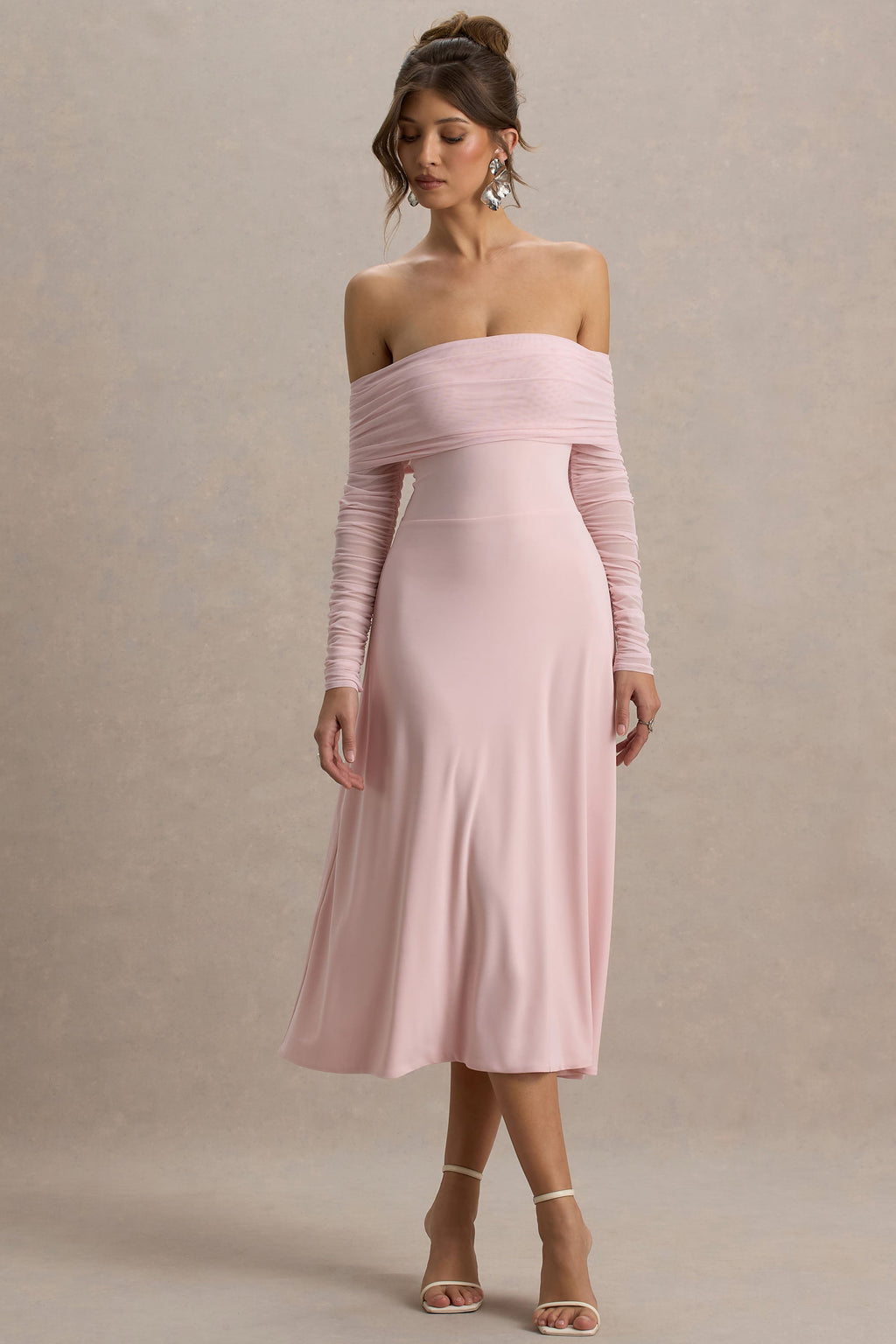 Flatter Me | Light Pink Bardot Midi Dress With Mesh Sleeves